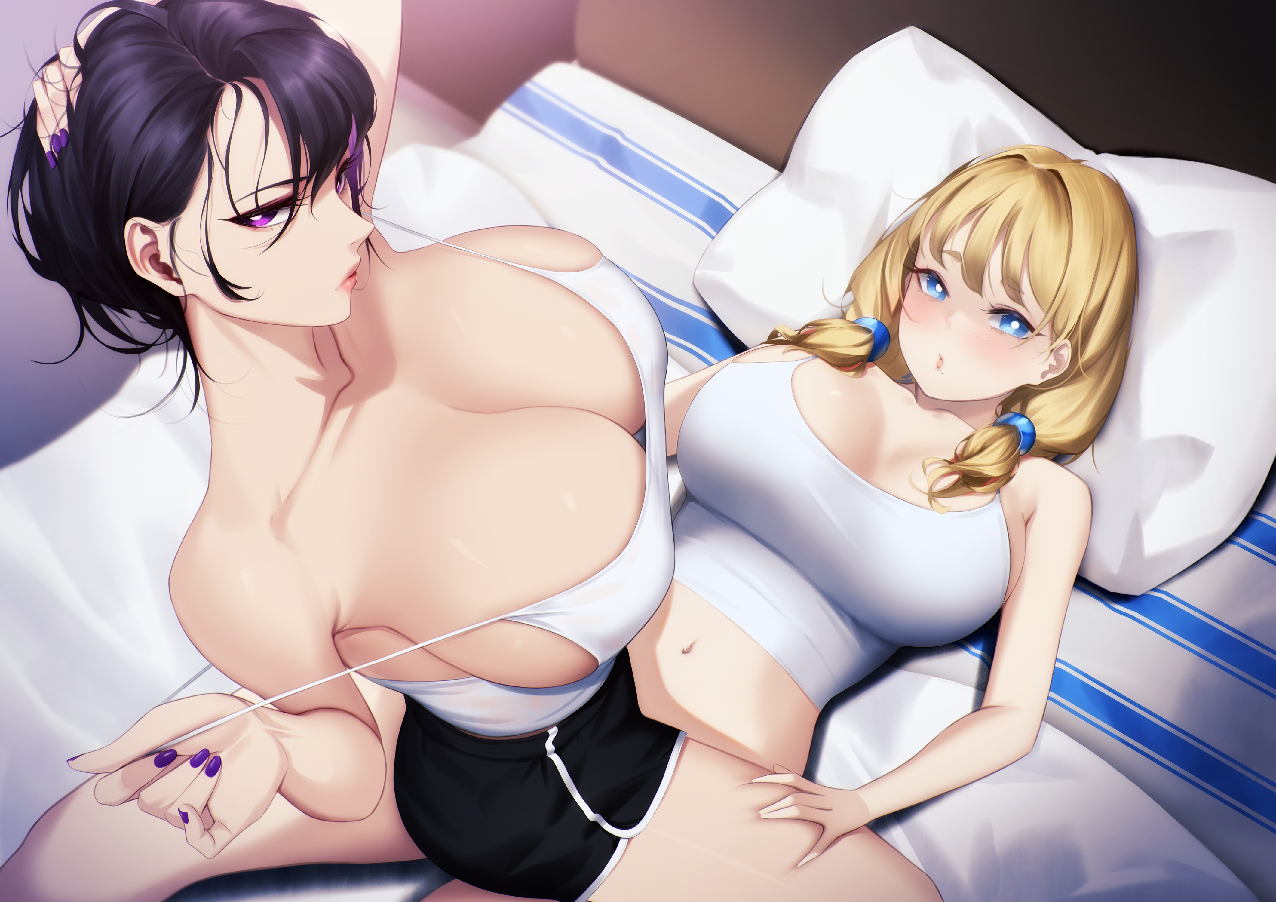 Anime 4244x3000 anime girls huge breasts looking at viewer in bed two women high angle one arm up purple eyes purple hair parted lips twintails hand(s) on head girl sitting on girl pillow nail polish collarbone blueorca purple nails pulling clothing shorts white tops lying on back lying down white tank top mole under mouth striped blue eyes women indoors cleavage bed yuri bright