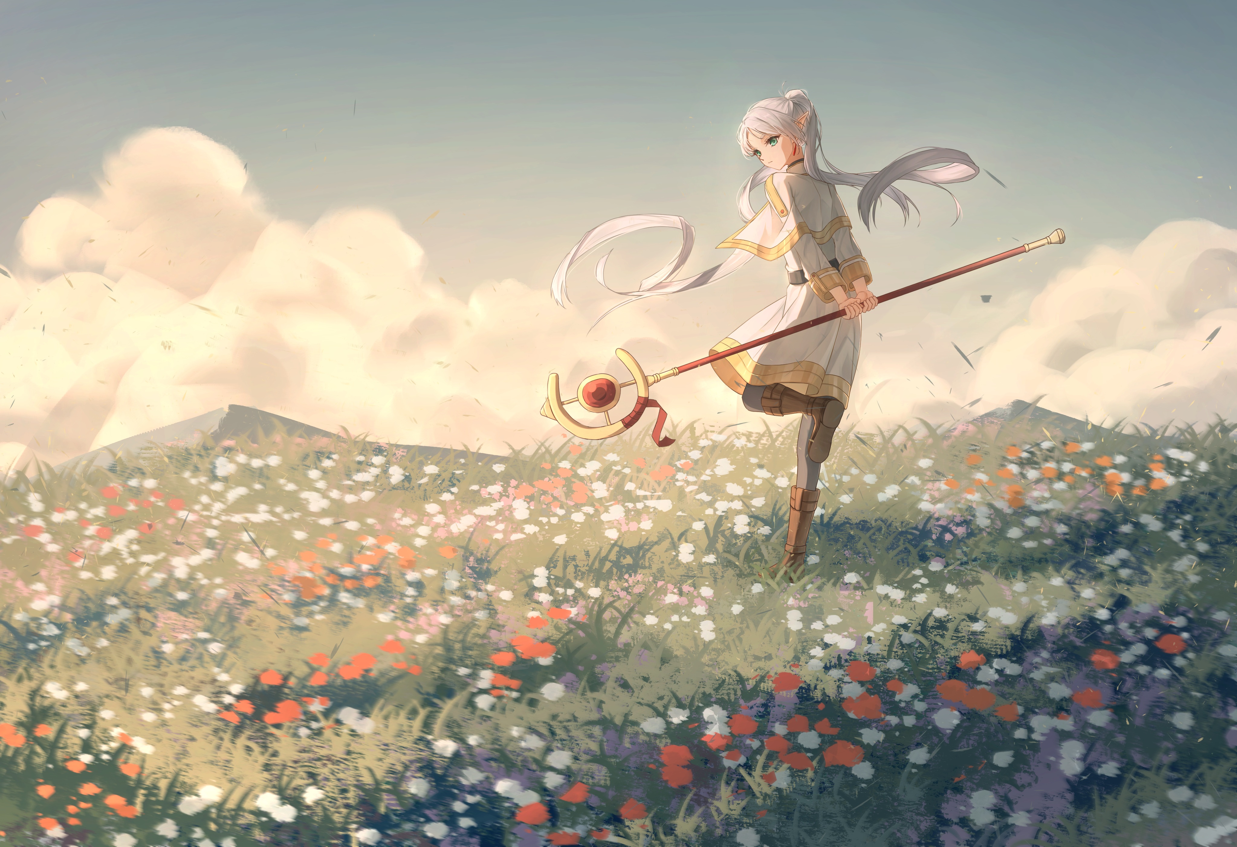 Anime 4093x2803 Sousou No Frieren Frieren artwork anime girls standing on one leg clouds arm(s) behind back elves sky field flowers