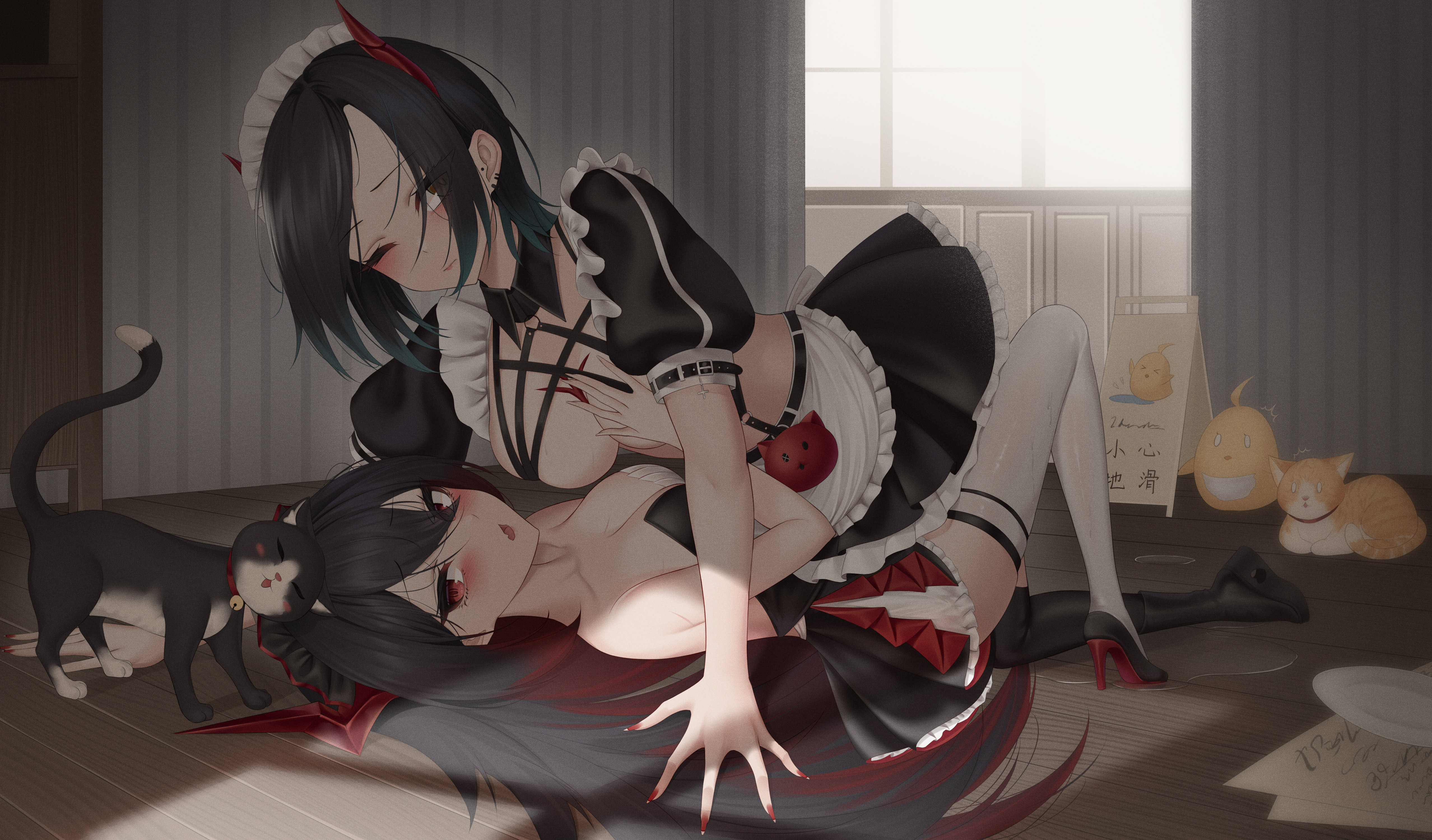 Anime 5112x3000 Azur Lane anime Pixiv anime games anime girls maid outfit Magdeburg (Azur Lane) Ulrich von Hutten (Azur Lane) looking at viewer maid lying down lying on front white thigh highs short hair long hair short sleeves one eye closed animals high heels on the floor paper cats frills closed mouth blushing black thigh highs wet big boobs open mouth