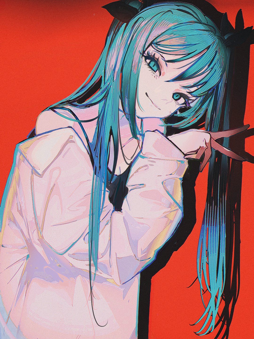 Anime 1080x1440 John Kafka anime anime girls Hatsune Miku looking at viewer Vocaloid closed mouth long hair hair hanging down smiling blue hair blue eyes simple background shadow portrait display peace sign long sleeves red background