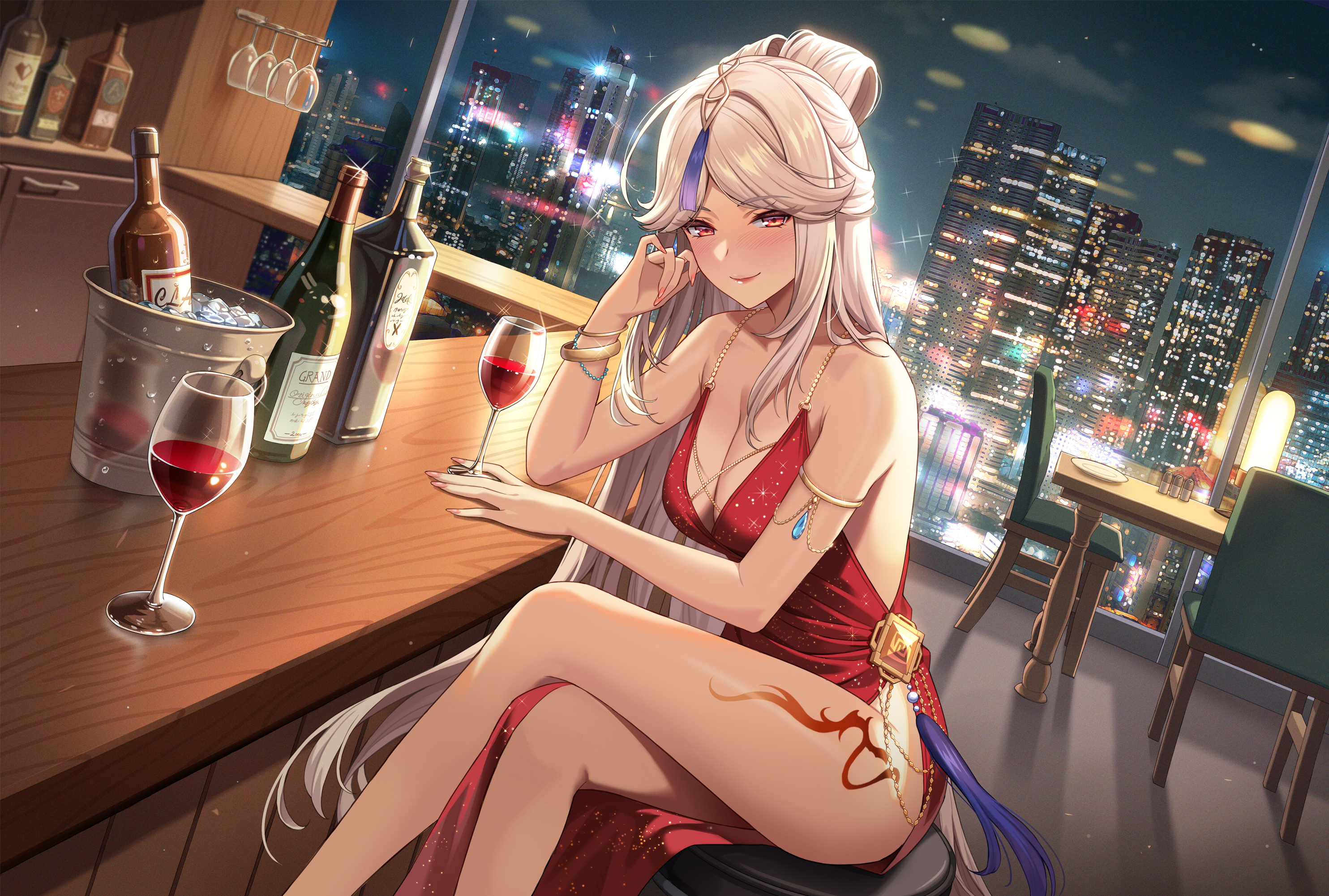 Anime 2968x2002 Genshin Impact artwork Ningguang (Genshin Impact) anime anime girls white hair red eyes ponytail dress red dress bracelets armlet bare shoulders big boobs cleavage body paint red wine wine bar city city lights sitting legs drink ice cubes drinking glass building