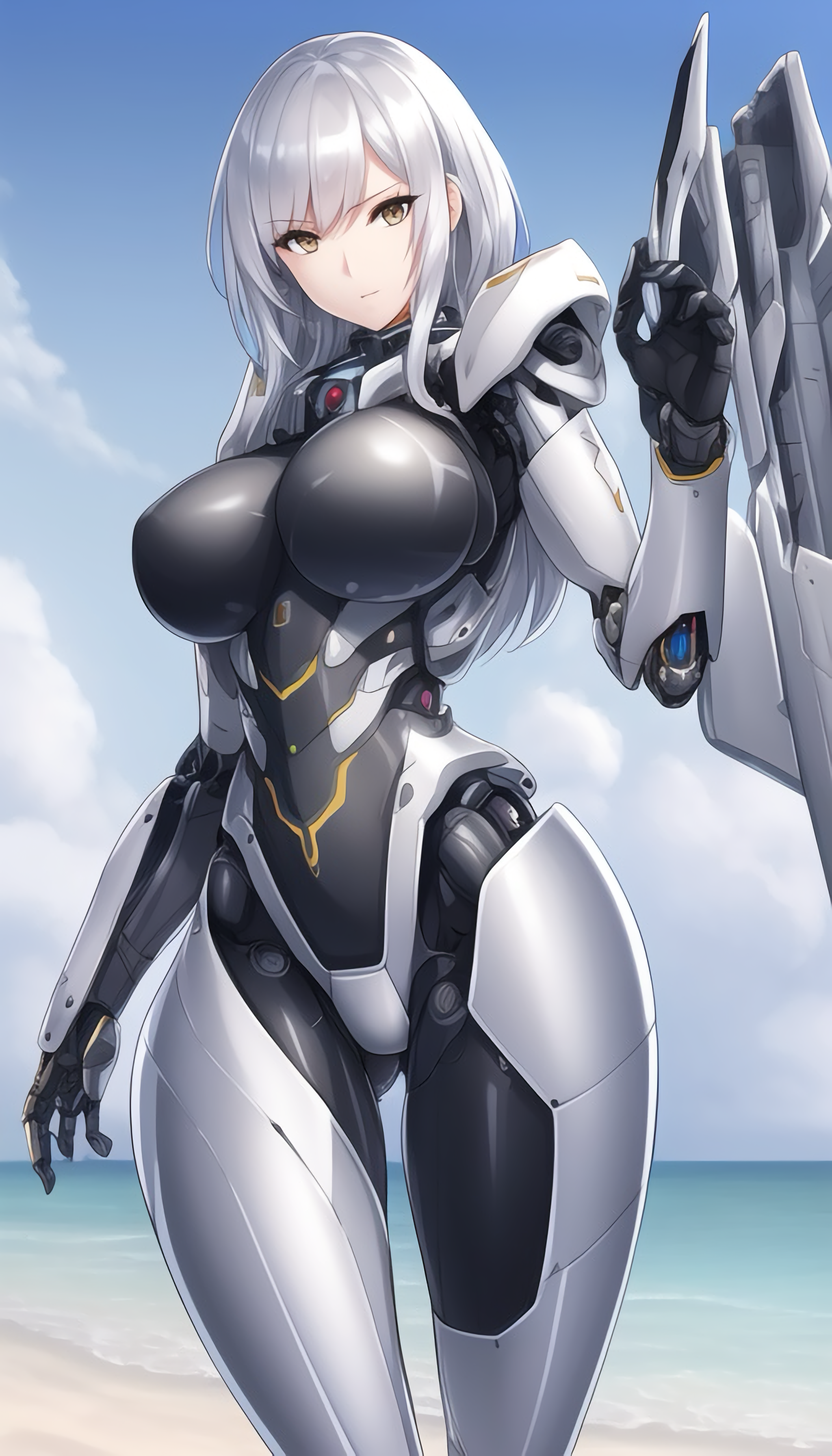 Anime 2048x3584 AI art anime girls original characters cyborg long hair white hair big boobs solo artwork digital art portrait display anime women outdoors standing closed mouth yellow eyes looking at viewer bright