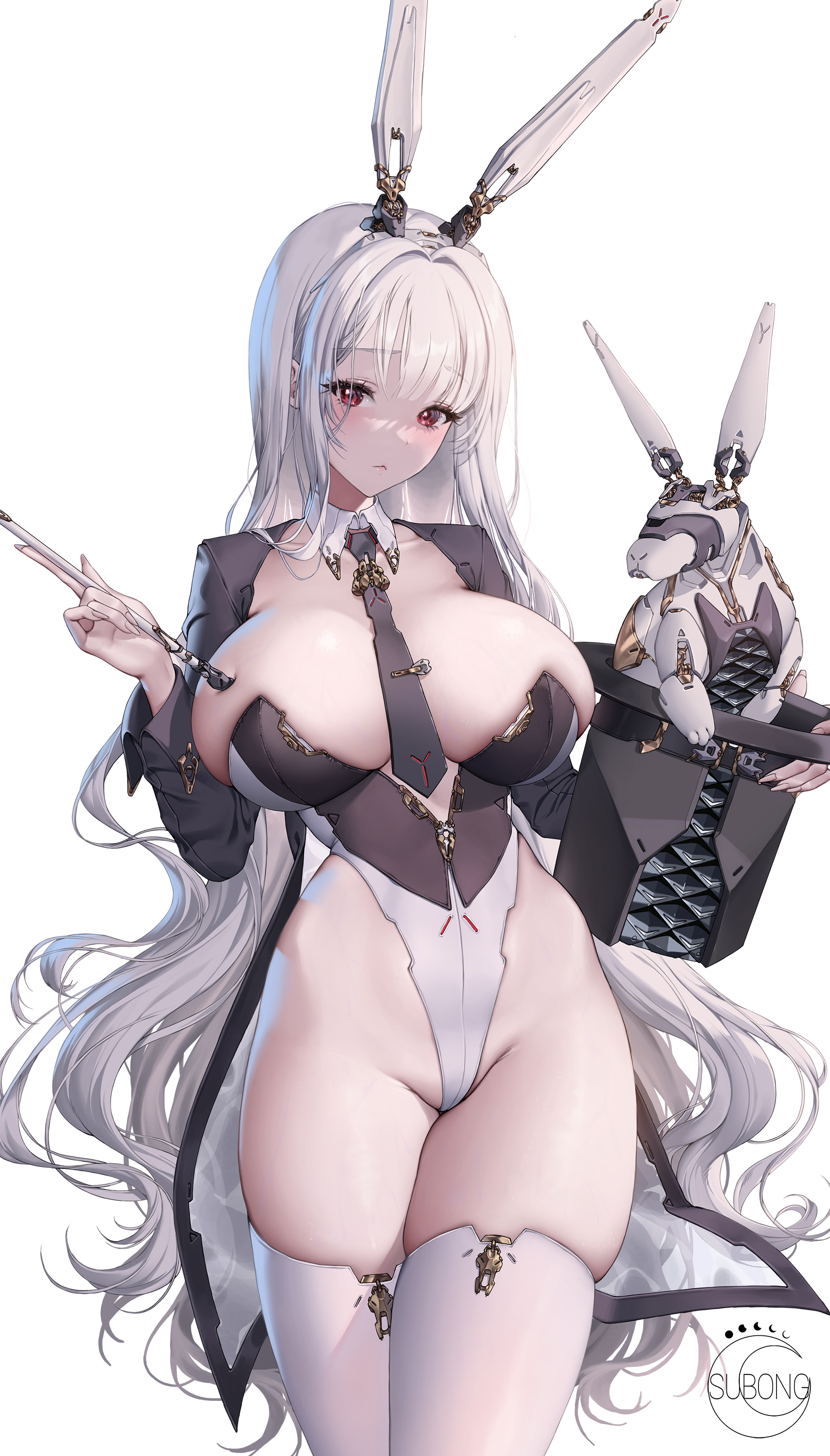 Anime 1741x3053 anime girls white hair red eyes animal ears looking at viewer leotard item between boobs hat bunny suit bunny girl simple background thighs white background Subong huge breasts long hair stockings bunny ears white stockings cape blushing necktie magician robot wands closed mouth thighs together standing skindentation long sleeves