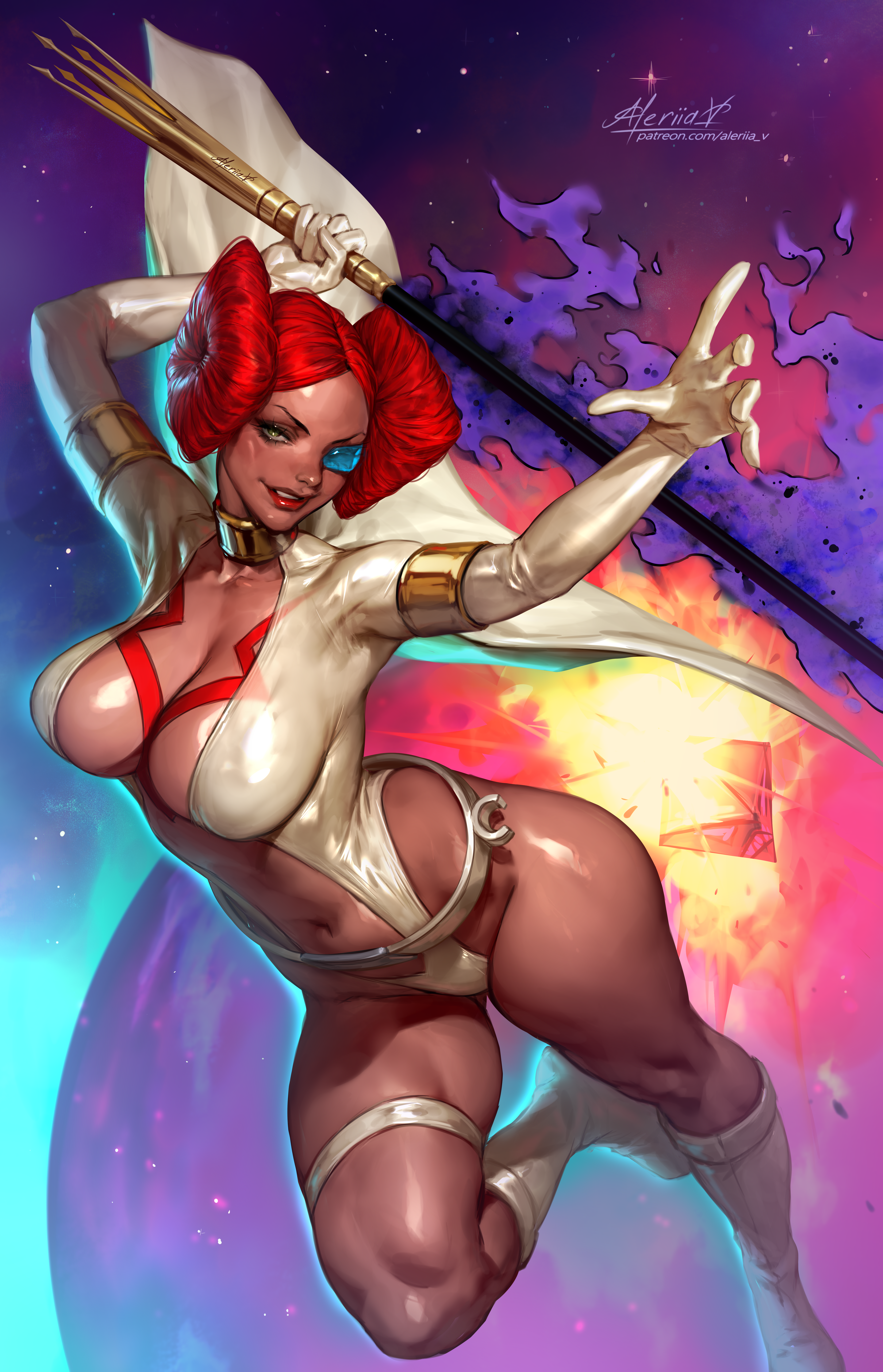 General 4185x6500 redhead fan art artwork drawing digital art Lera Pi superheroines comics Prince-S portrait display looking at viewer smiling parted lips short hair signature watermarked green eyes big boobs belly button cleavage knee-high boots boots dark skin red lipstick lipstick weapon hips thighs leg ring stars