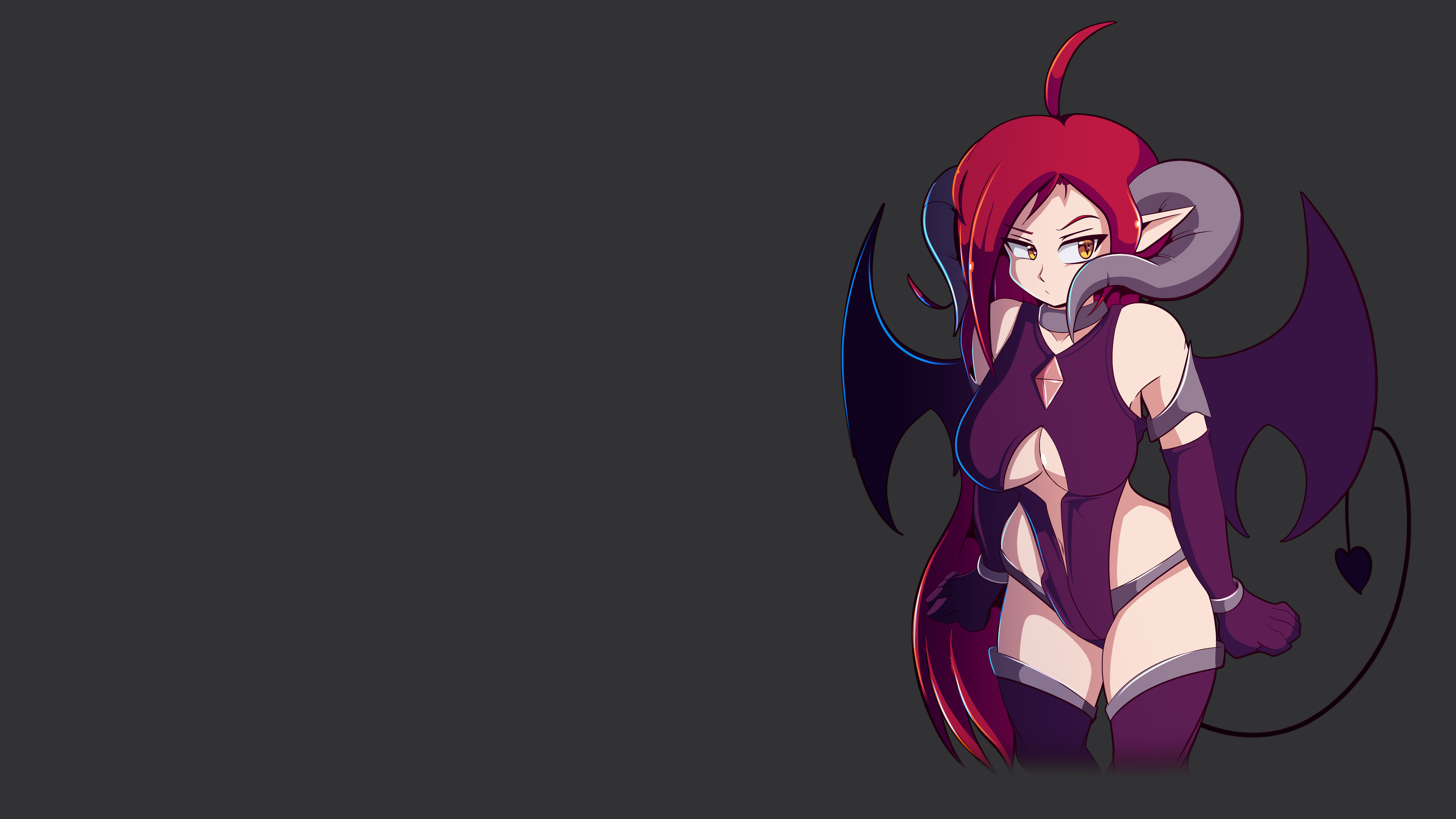Anime 5120x2880 succubus demon girls devil girl horns devil horns demon horns redhead wings anime girl with wings tail looking sideways thighs leotard purple leotard cleavage cutout panties elbow gloves arm warmers purple lingerie thigh-highs choker jewel jewelry long hair pointy ears sideboob underboob wide hips belly button bare midriff belly thighs together ahoge simple background gray background bangs demon tail yellow eyes purple gloves lingerie