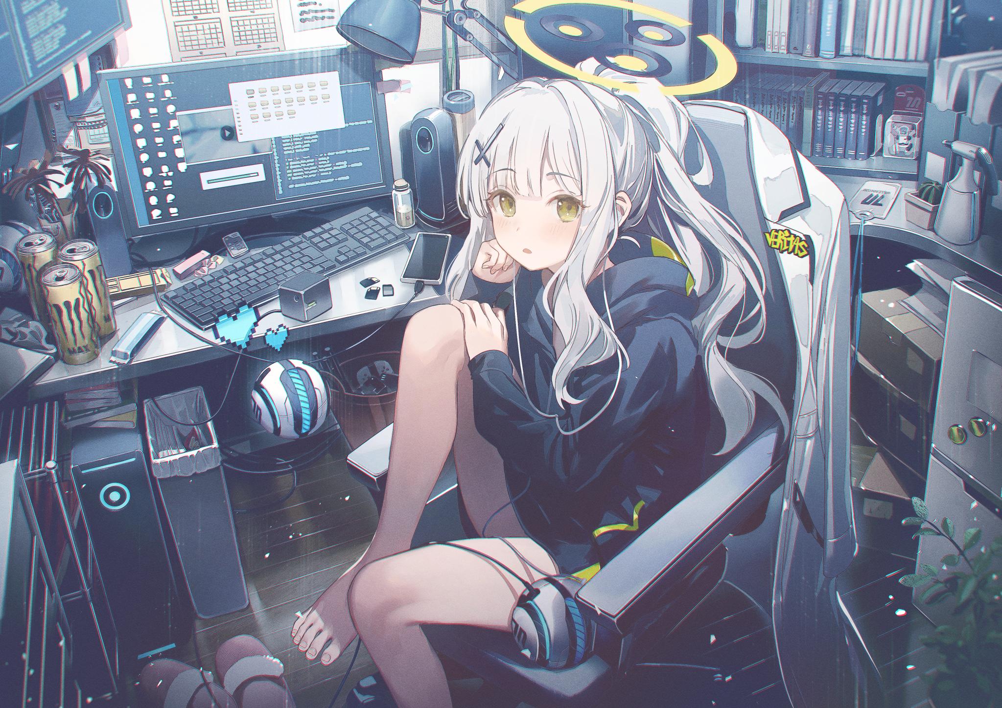 Anime 2047x1447 Blue Archive Omagari Hare (Blue Archive) anime anime girls barefoot drink food green eyes gray hair computer sitting Pixiv looking at viewer Kaerunoko armchair women indoors heart ponytail open mouth blushing bent legs lamp can desk Monster Energy phone leaves trash bin hands on knees long hair