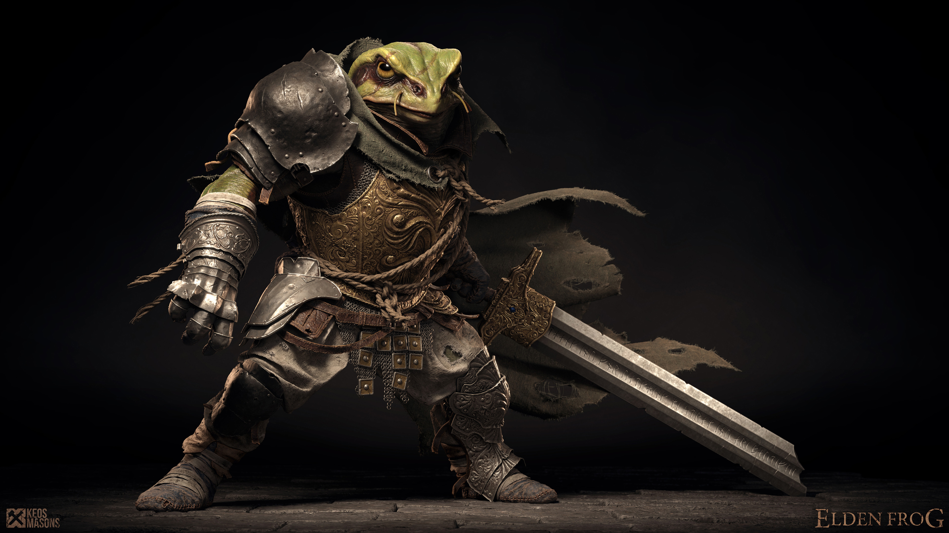 General 3840x2160 Chrono Trigger Frog (Chrono Trigger) Glenn 3D sculpture Marco Plouffe Anthro digital art watermarked simple background CGI looking at viewer armor black background cape weapon sword logo frog standing