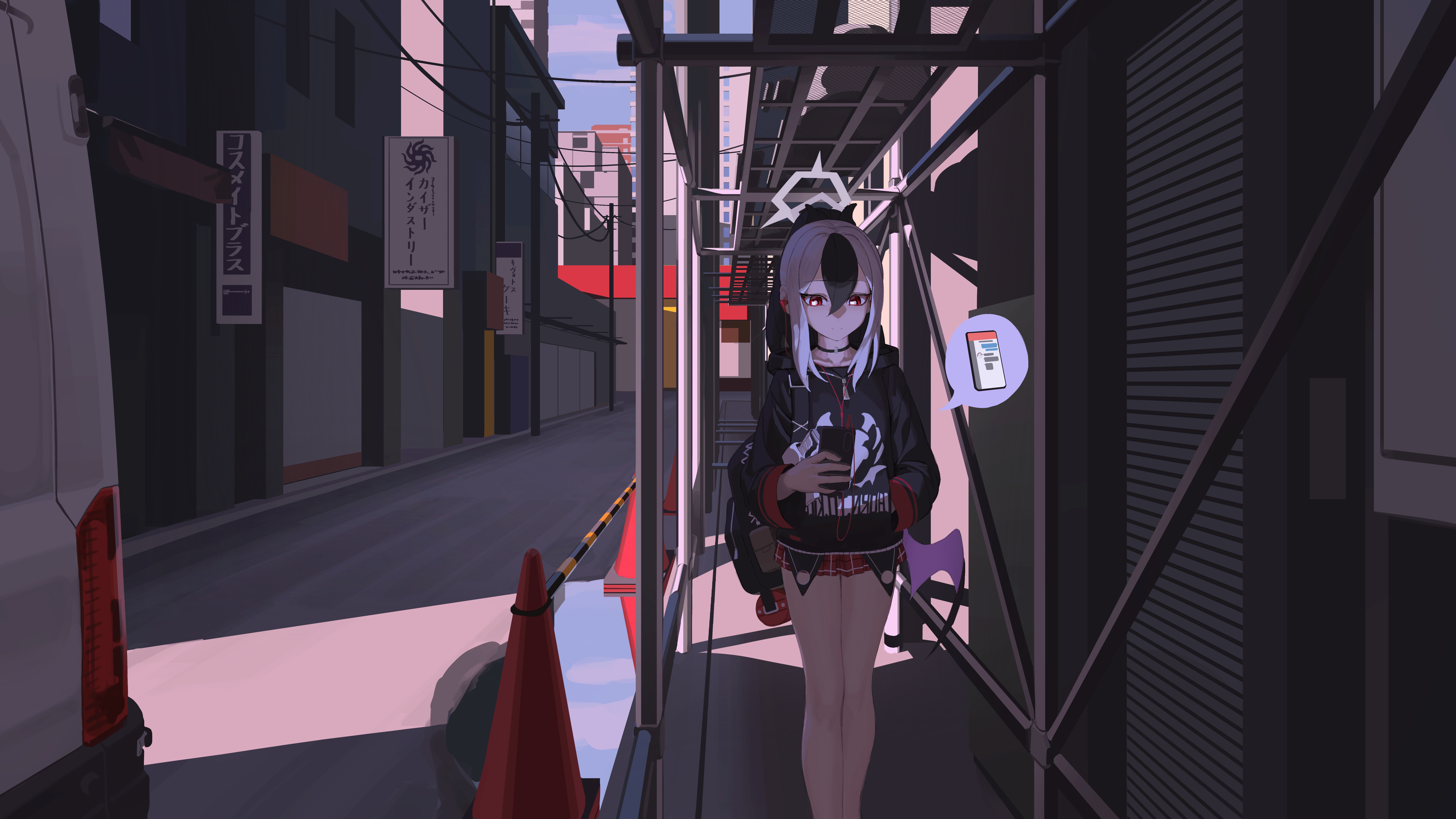Anime 8014x4507 Onikata Kayoko(Blue Archive) Blue Archive fan art anime girl with wings city schoolgirl red eyes black hoodie standing skirt two tone hair anime girls building hair between eyes phone holding phone smiling closed mouth long hair ponytail frills horns hands in pockets sunlight school uniform Japanese traffic cone long sleeves
