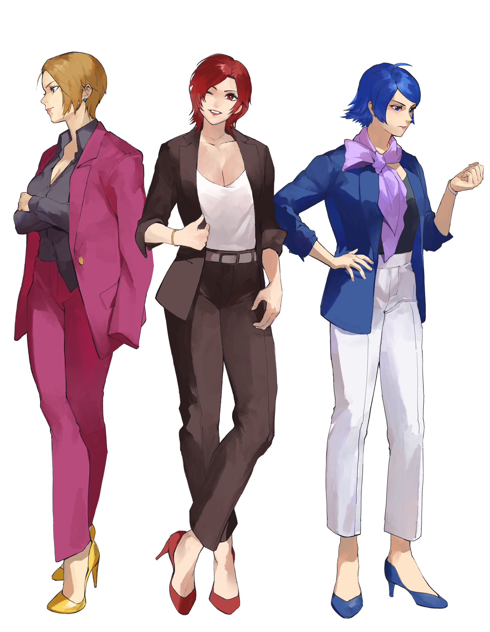 Anime 1588x2048 King of Fighters short hair portrait display makeup King (King of Fighters) Vanessa (King of Fighters) Elisabeth Blanctorche white background heels simple background wink looking at viewer Blazer video game girls pants arms crossed Oni Gini group of women jacket women trio smiling SNK alternate costume