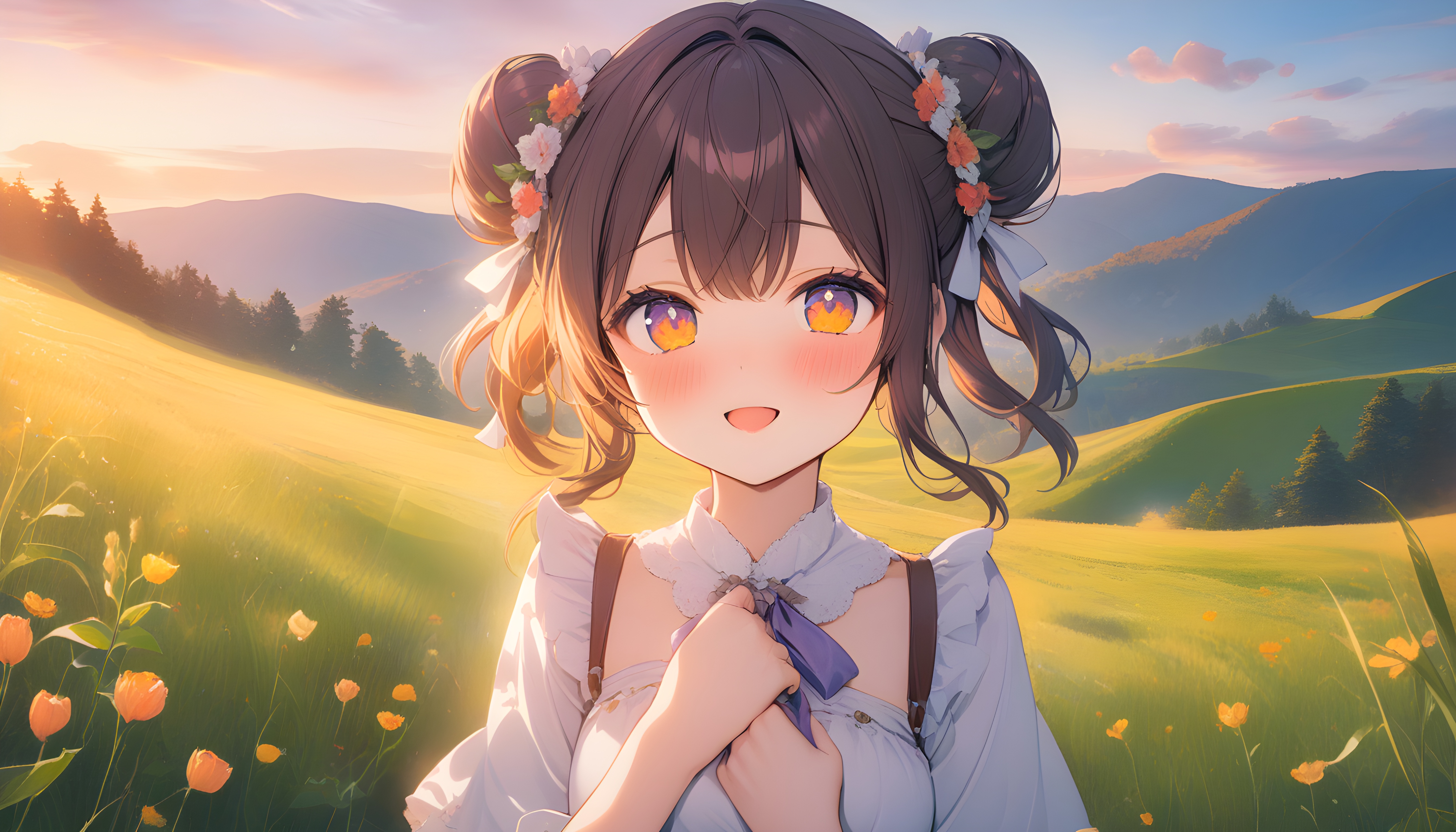 Anime 5376x3072 anime girls AI art anime looking at viewer women outdoors sunlight sunset sunset glow open mouth brunette brown eyes twin buns hairbun flower in hair blushing leaves sky flowers grass trees hair between eyes