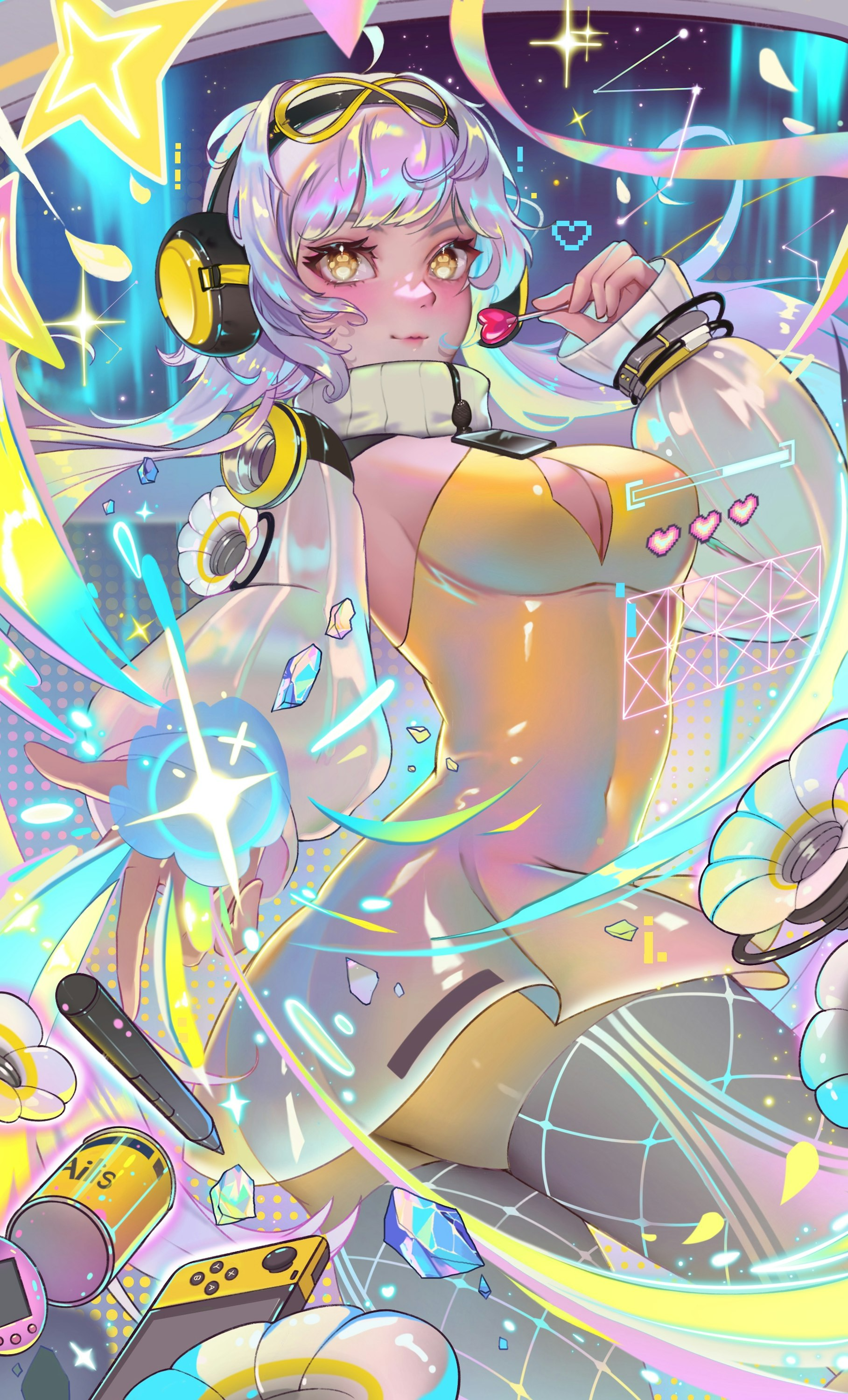 Anime 1817x3000 Eyegirl digital art artwork illustration anime anime girls women portrait display portrait headphones looking at viewer curly hair lollipop closed mouth heart (design) stars Nintendo Switch cleavage cleavage cutout long hair smiling skindentation puffy sleeves long sleeves petals multi-colored hair
