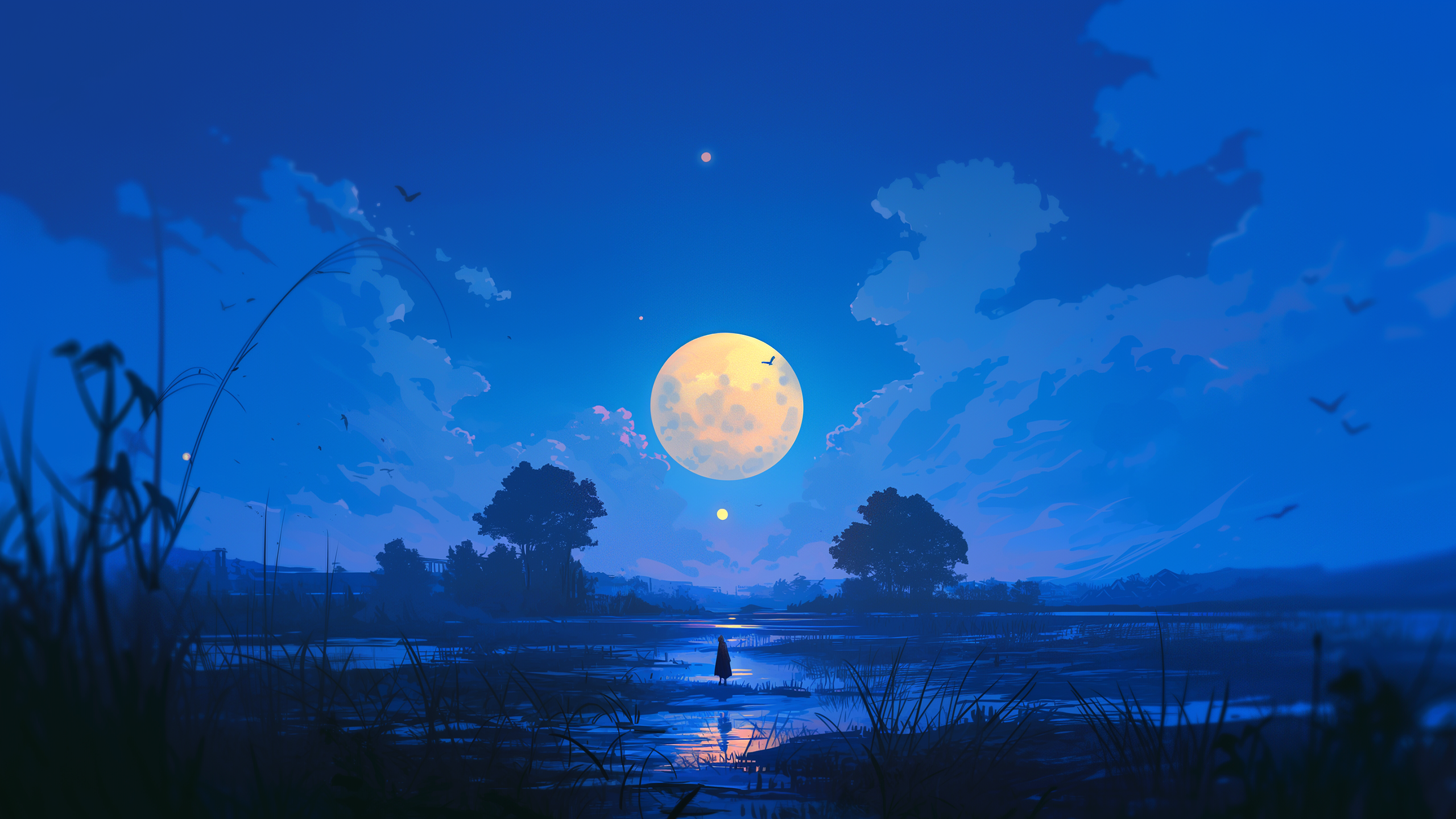 General 2560x1440 AI art Midjourney landscape night Moon blue field full moon trees sky birds grass clouds moonlight reflection leaves