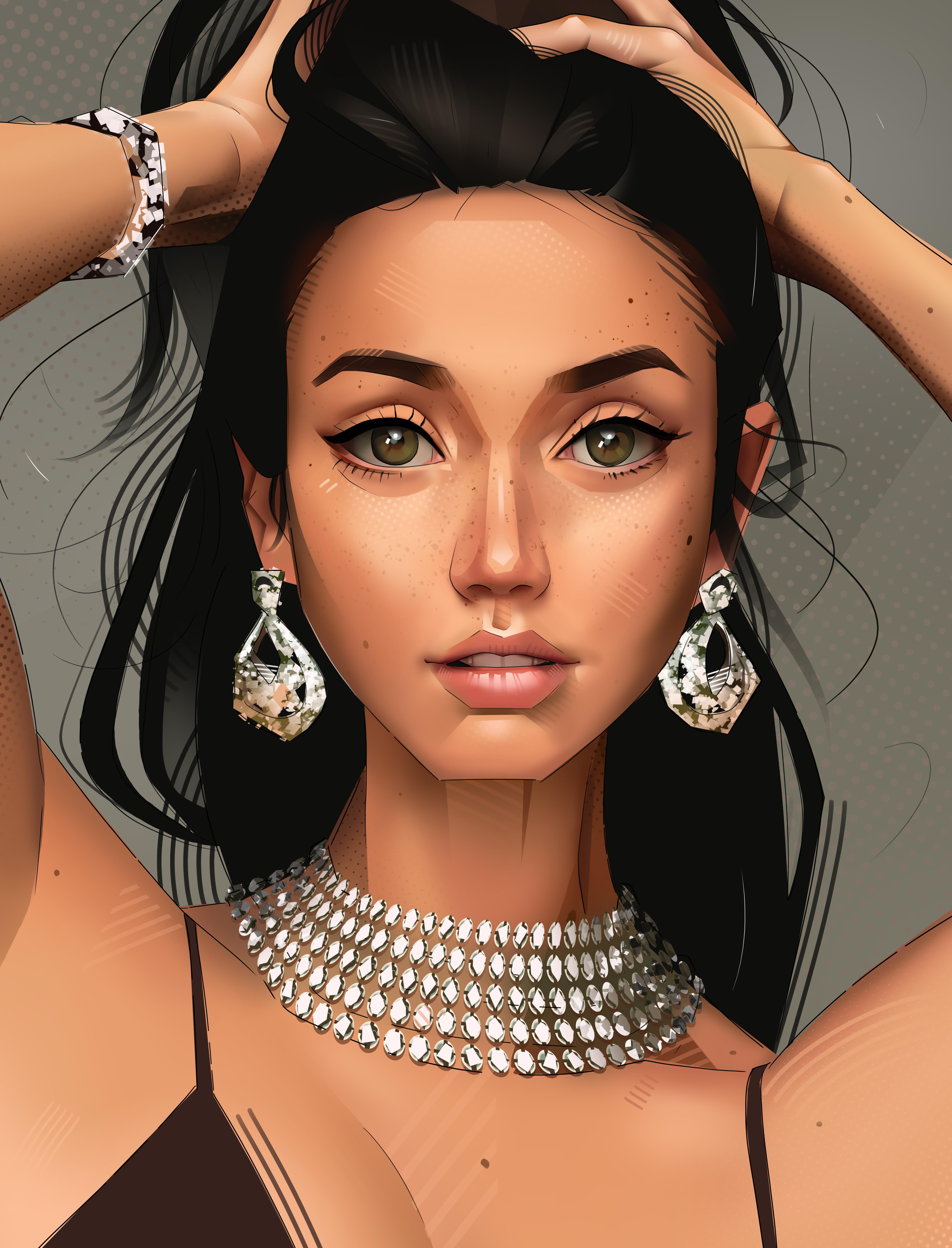 General 5000x6554 artwork hand(s) in hair necklace diamond earrings Lilliepad97 digital art Ana de Armas women portrait display face parted lips black hair looking at viewer jewelry simple background earring