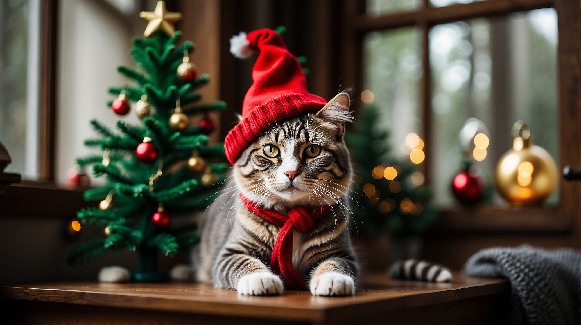 General 2000x1120 cats Christmas clothes Christmas tree 4K Christmas lights festivals animals artwork nature abstract CGI Christmas ornaments  scarf whiskers looking at viewer fur depth of field hat digital art AI art