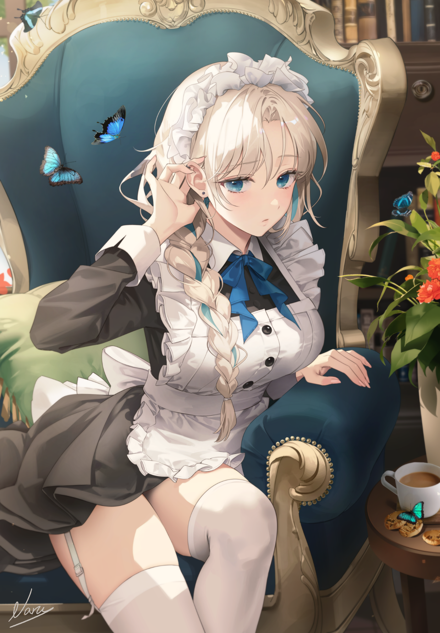 Anime 1400x2015 anime girls portrait display looking at viewer maid maid outfit white apron stockings white stockings garter straps blue eyes armchair blue butterflies butterfly women indoors black hair headdress Naru 0 two tone hair plants food drink sitting braids cup frills dress apron signature anime