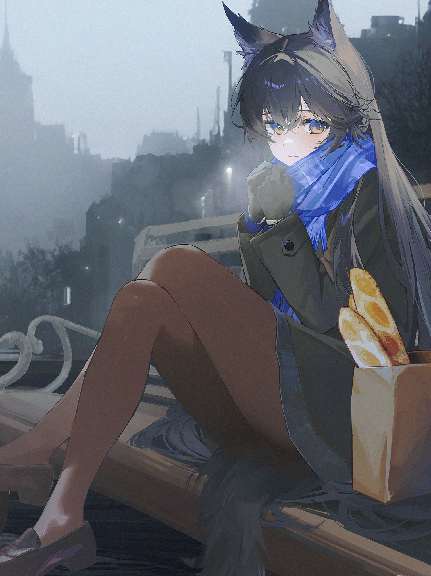 Anime 1500x2004 Arknights anime girls anime portrait display Texas (Arknights) sitting Drive Shot long hair closed mouth bent legs legs crossed gloves cold hair between eyes looking at viewer bread baguette bench bag shopping bags outdoors women outdoors wolf girls wolf ears wolf tail pantyhose grocery bag black hair film grain loafer