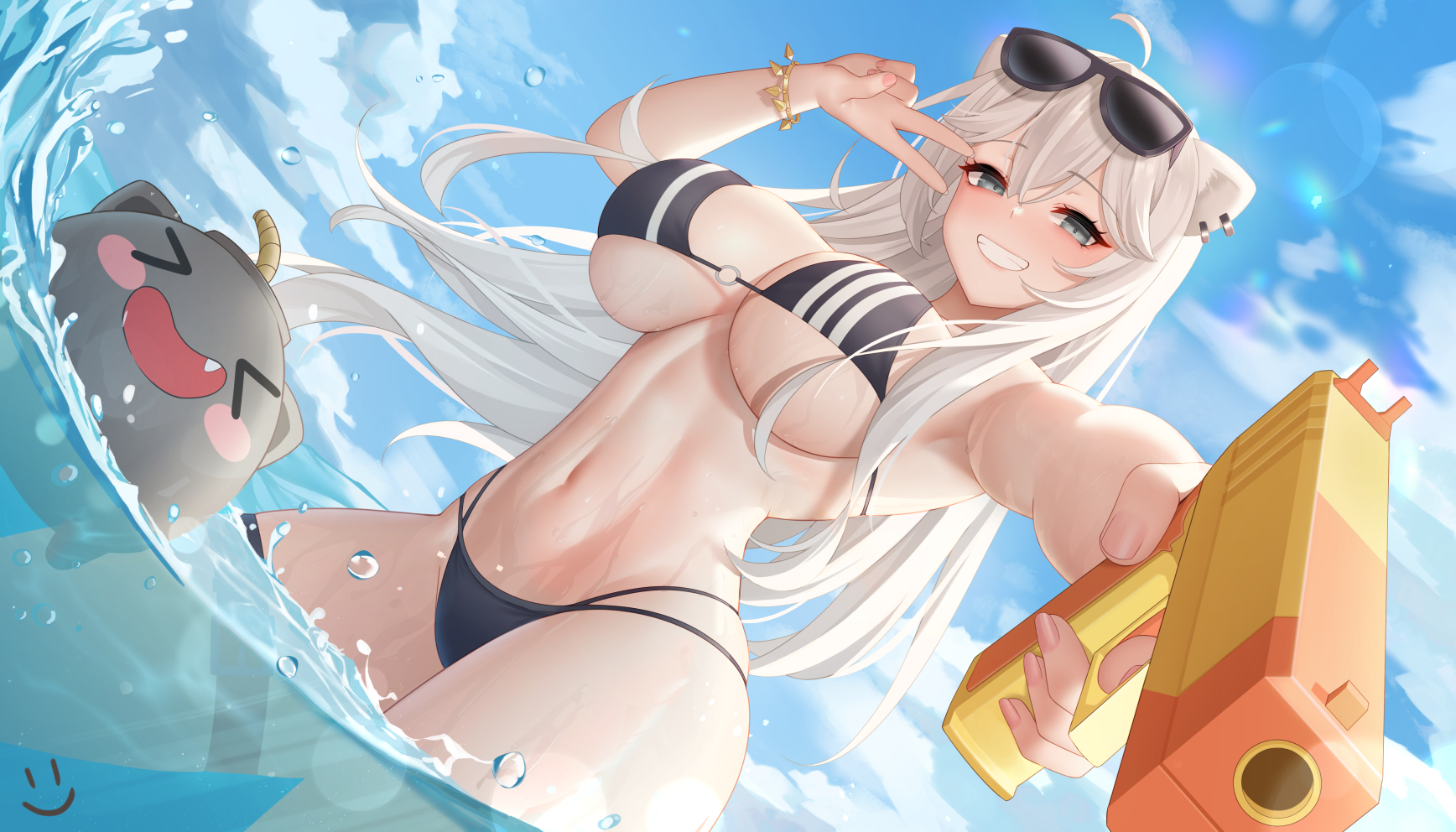 Anime 1736x992 anime Wei Xiao anime girls bikini big boobs water guns sunglasses white hair water blue eyes peace sign in water clouds sky standing in water low-angle smiling looking at viewer wet body water drops long hair