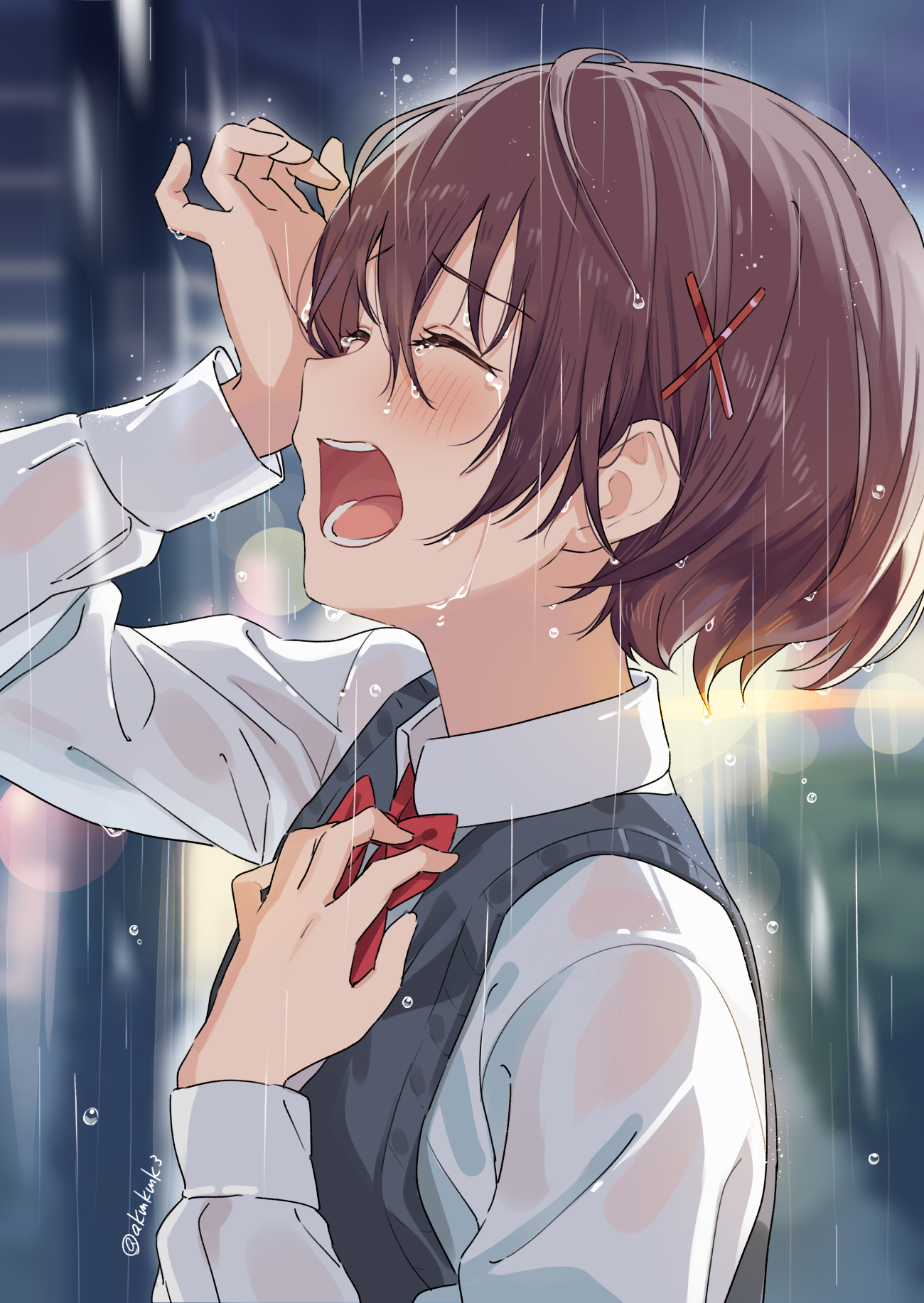Anime 1300x1833 anime artwork anime girls rain crying tears school uniform schoolgirl closed eyes wet clothing