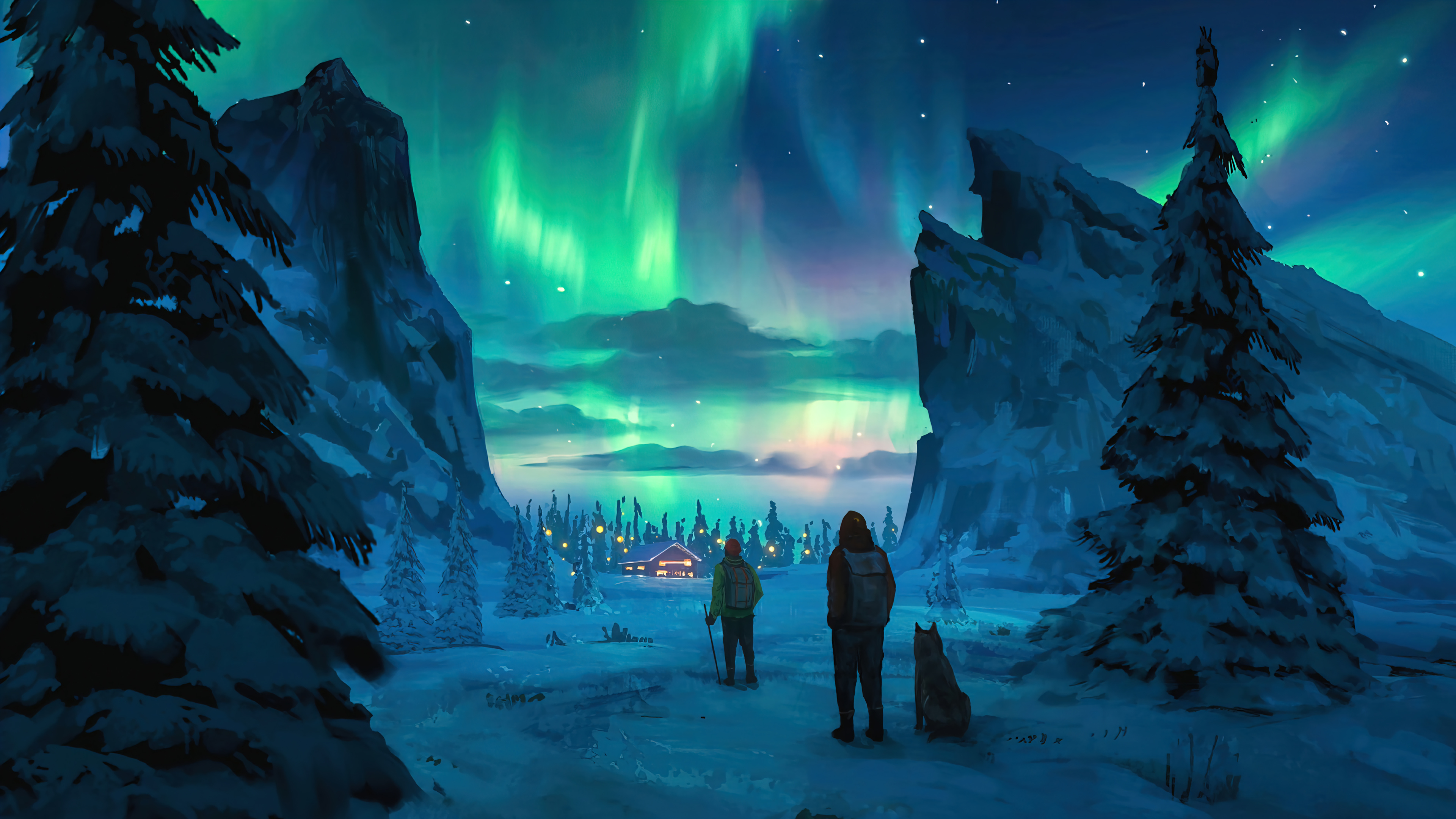 General 3840x2160 aurorae snow digital art night sky artwork drawing pine trees lights
