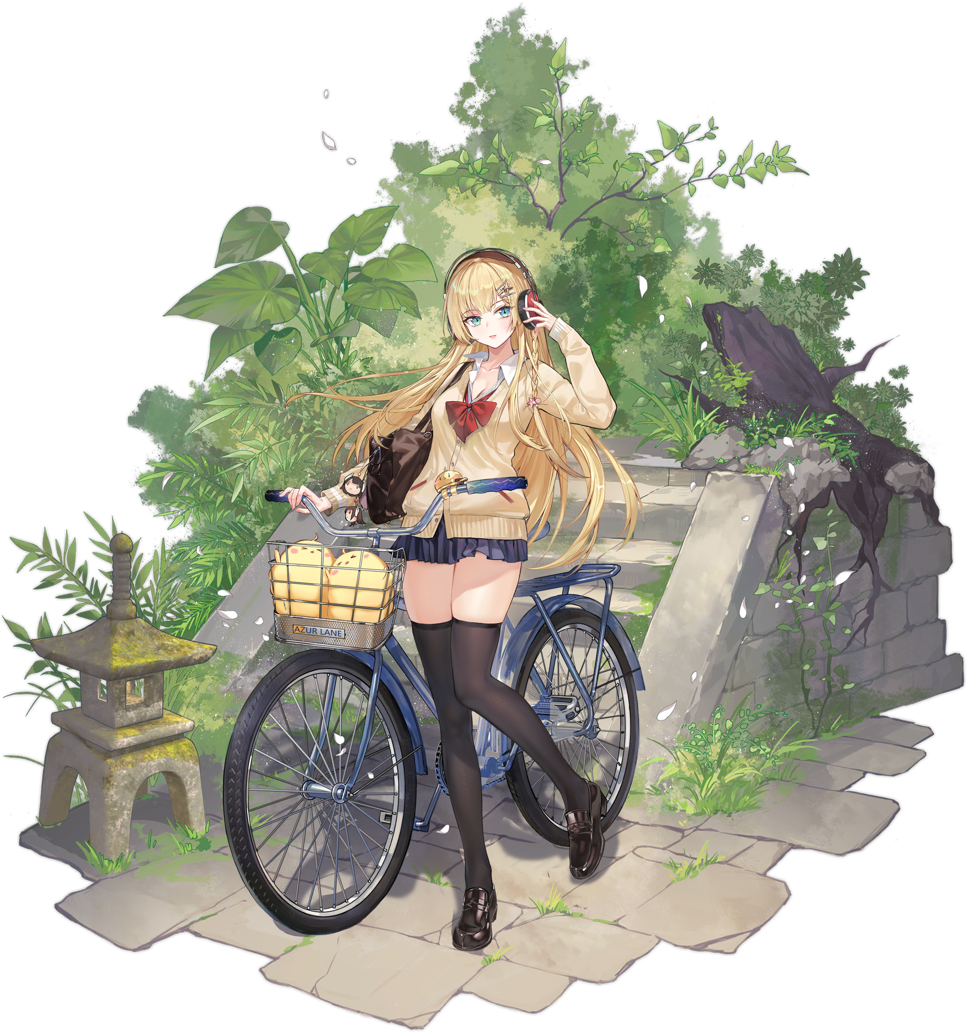 Anime 1929x2048 anime anime girls Criin bicycle blonde school uniform schoolgirl headphones stockings blue eyes