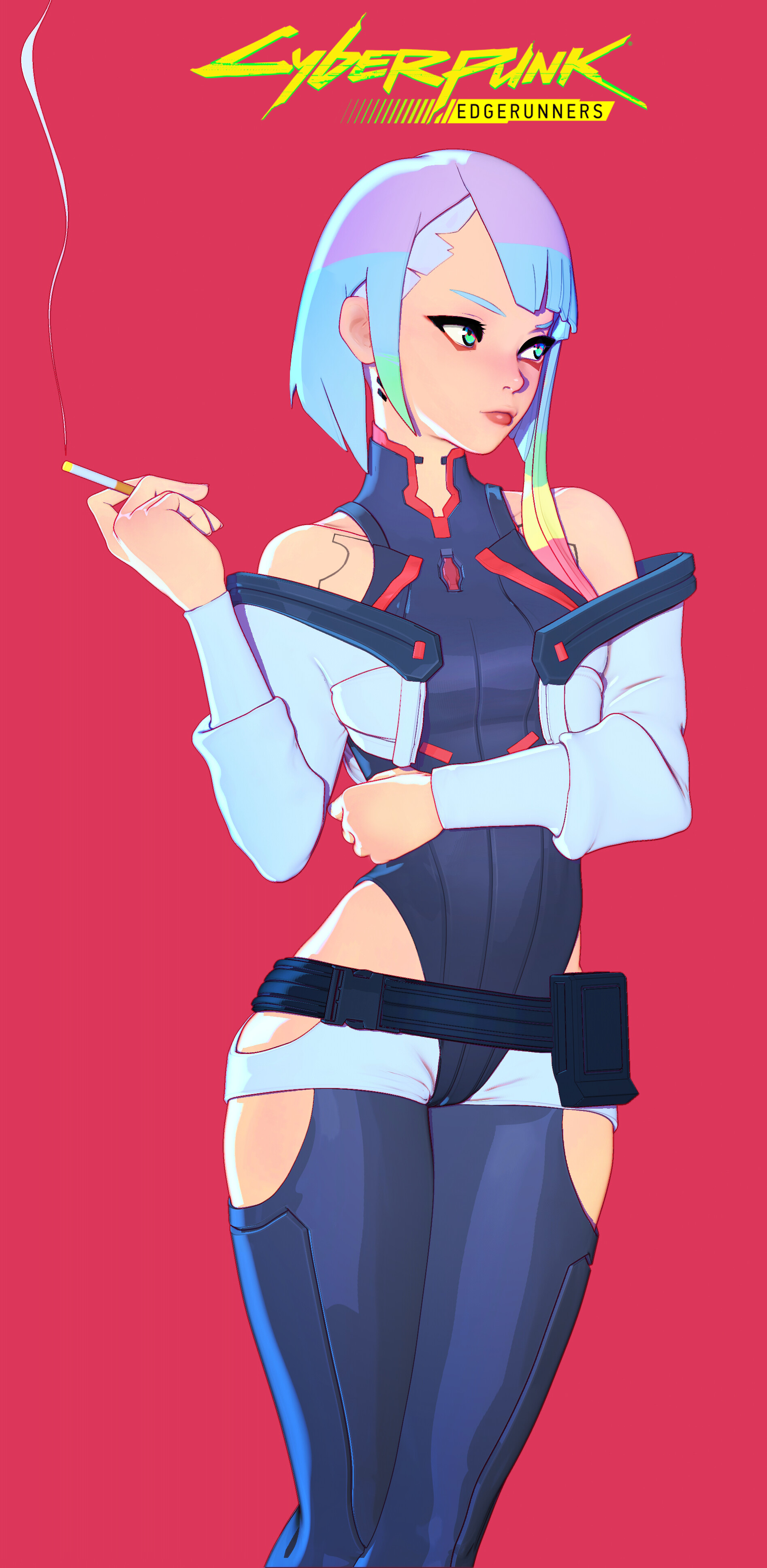 Anime 1894x3871 Cyberpunk: Edgerunners anime anime girls TV series simple background red background smoking women standing bodysuit cigarettes Lucyna Kushinada (Cyberpunk: Edgerunners) bob cut bob hairstyle bare shoulders bangs
