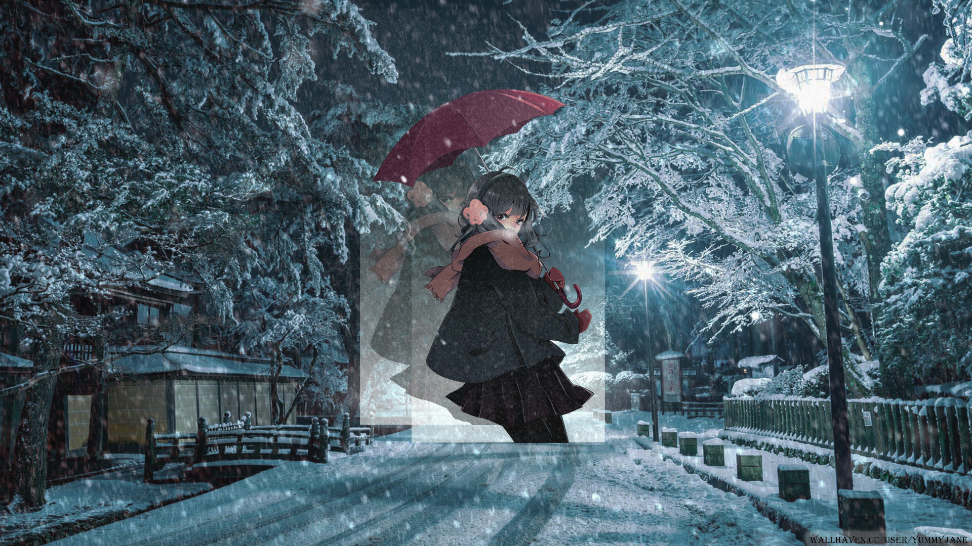 Anime 1920x1080 picture-in-picture anime anime girls winter snow night umbrella scarf