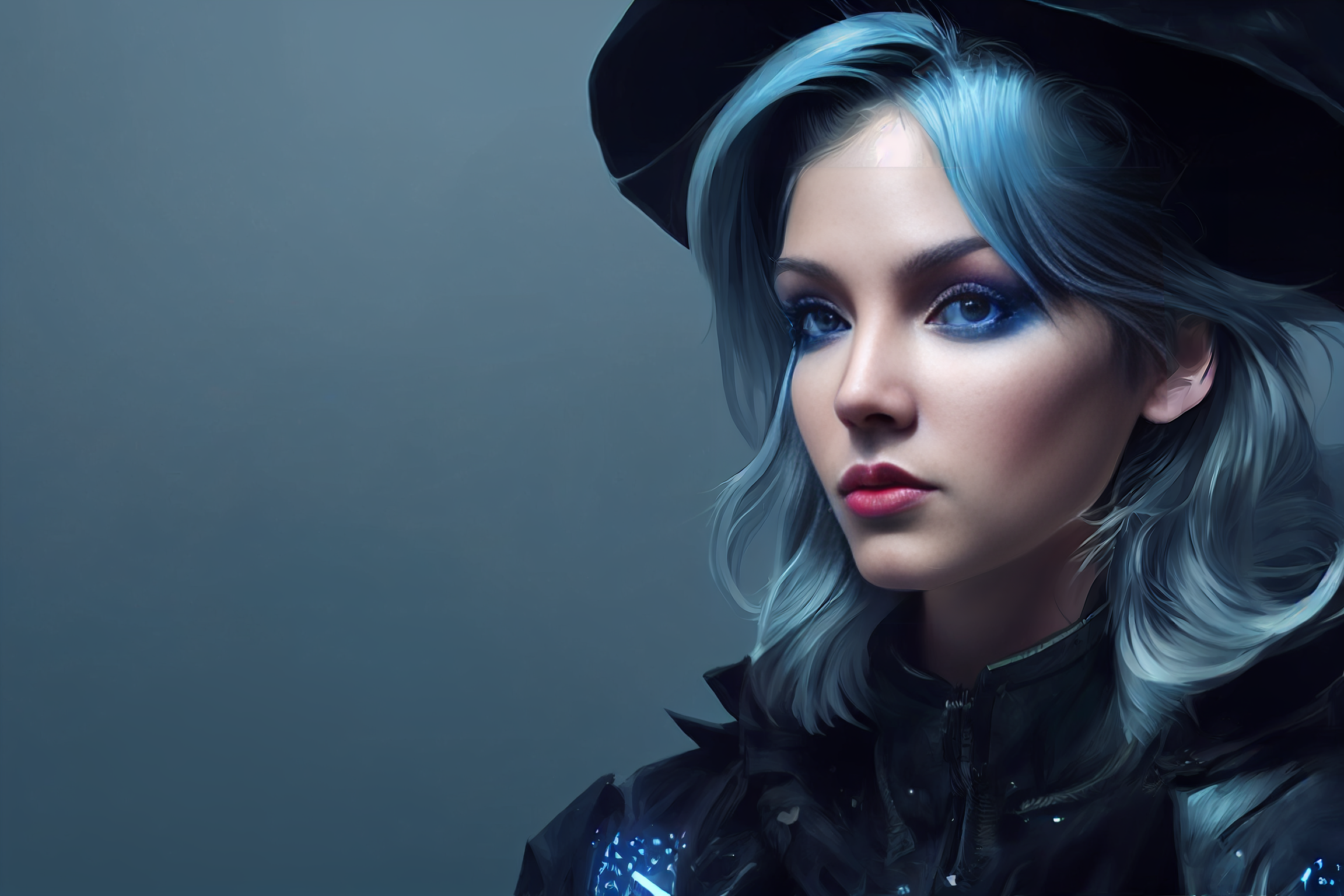 General 2304x1536 witch witch hat blue hair blue eyes makeup simple background AI art