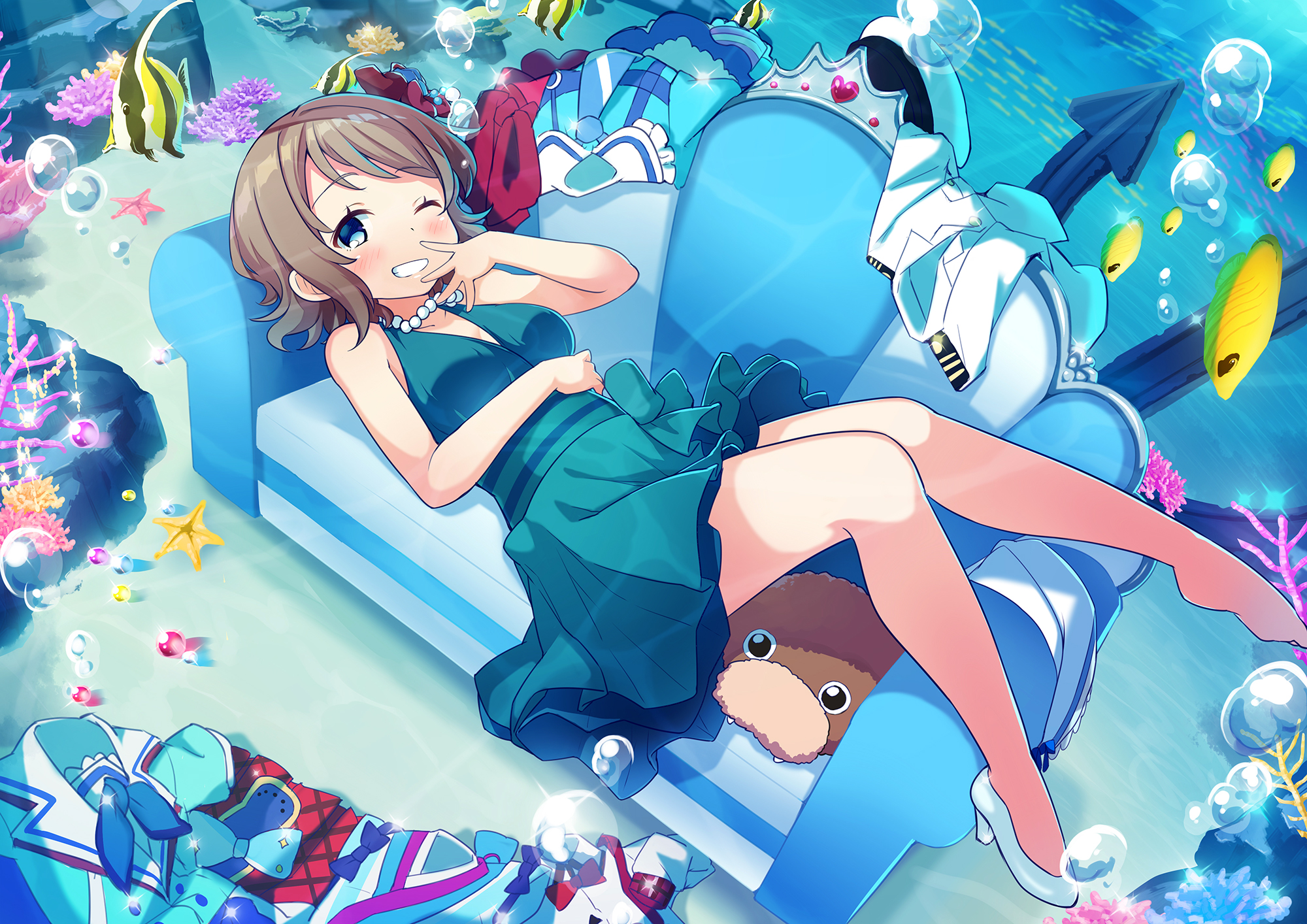 Anime 2000x1414 anime girls anime couch water fish dress bubbles