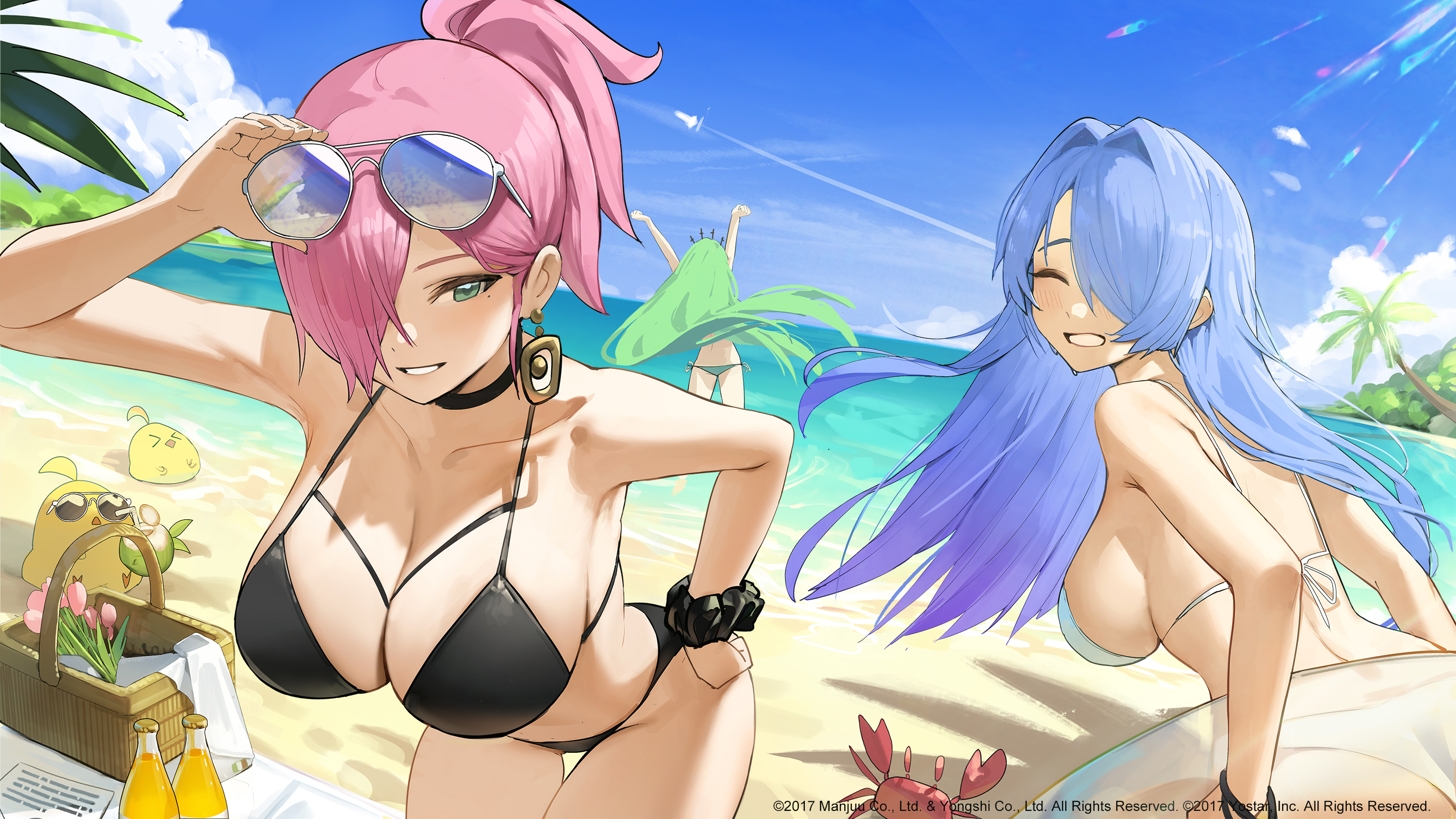 Anime 2880x1620 anime anime girls sunglasses bikini big boobs beach sideboob floater hair over one eye pink hair green hair blue hair crabs Azur Lane palm trees picnic basket