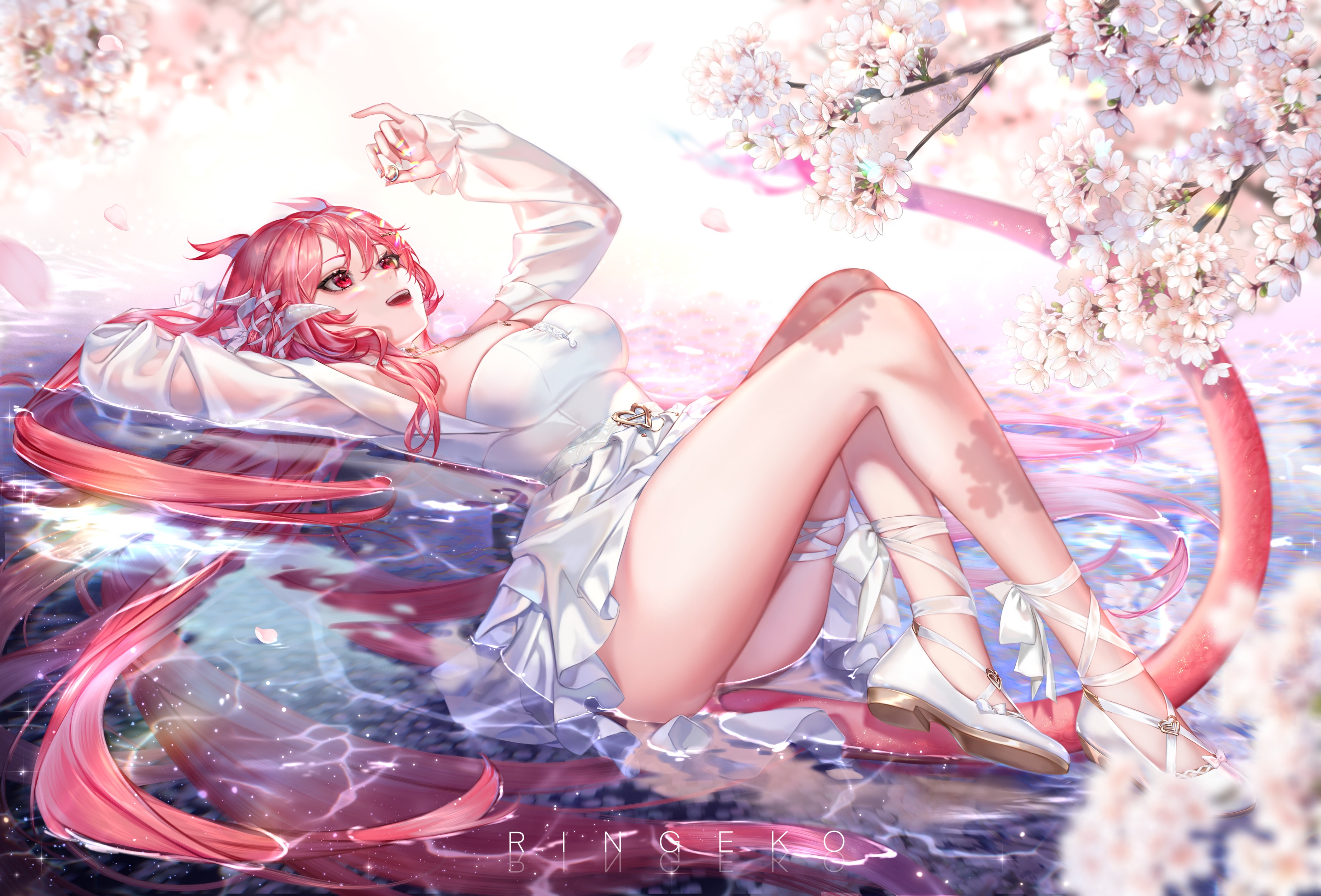 Anime 3500x2375 anime anime girls water flowers red eyes Ringeko-Chan Vienna (Vtuber) dress cherry blossom tail Virtual Youtuber petals