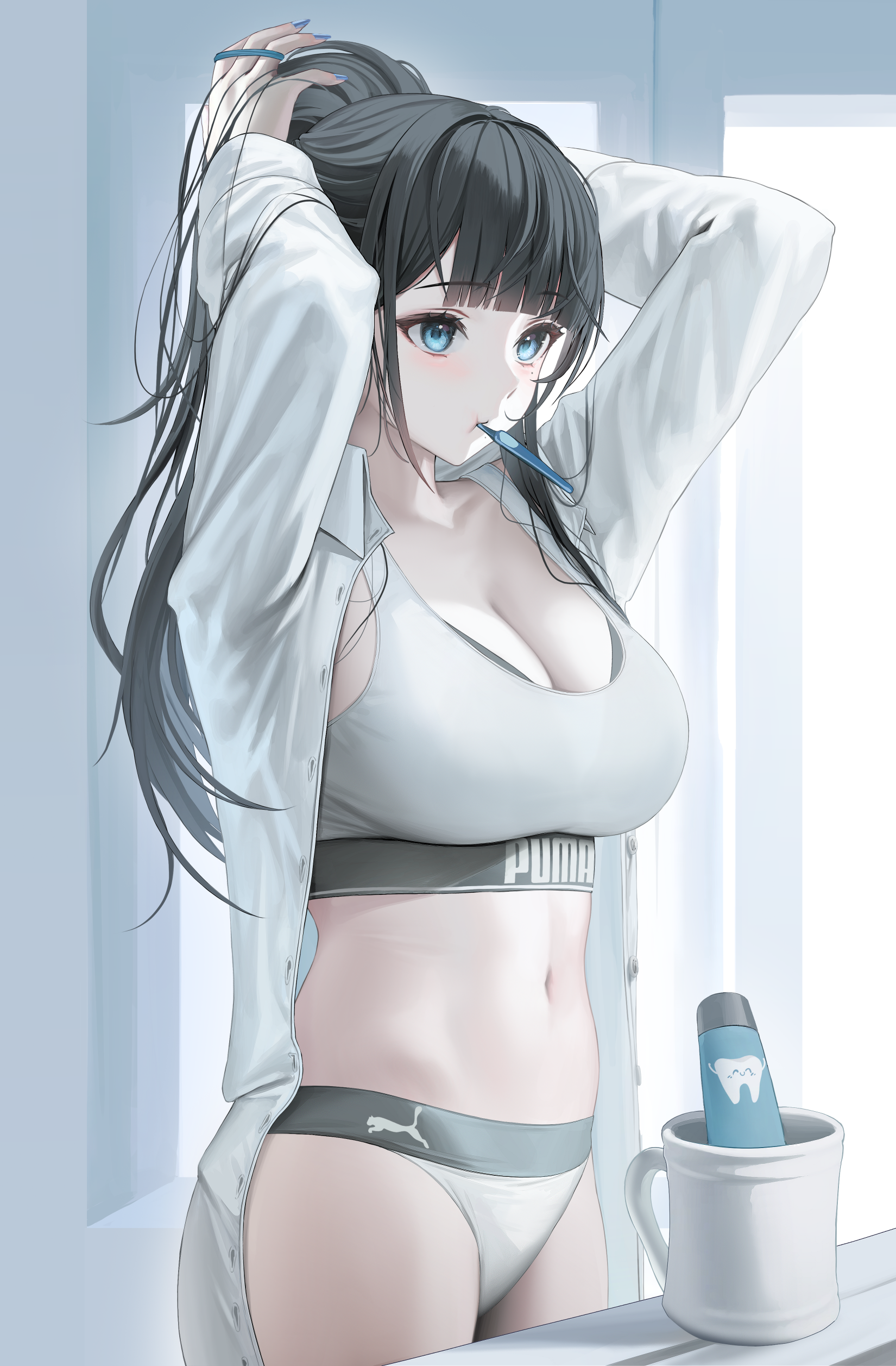 Anime 1650x2514 anime anime girls sports bra panties belly blue eyes toothbrush big boobs cleavage black hair artwork Tokkihouse
