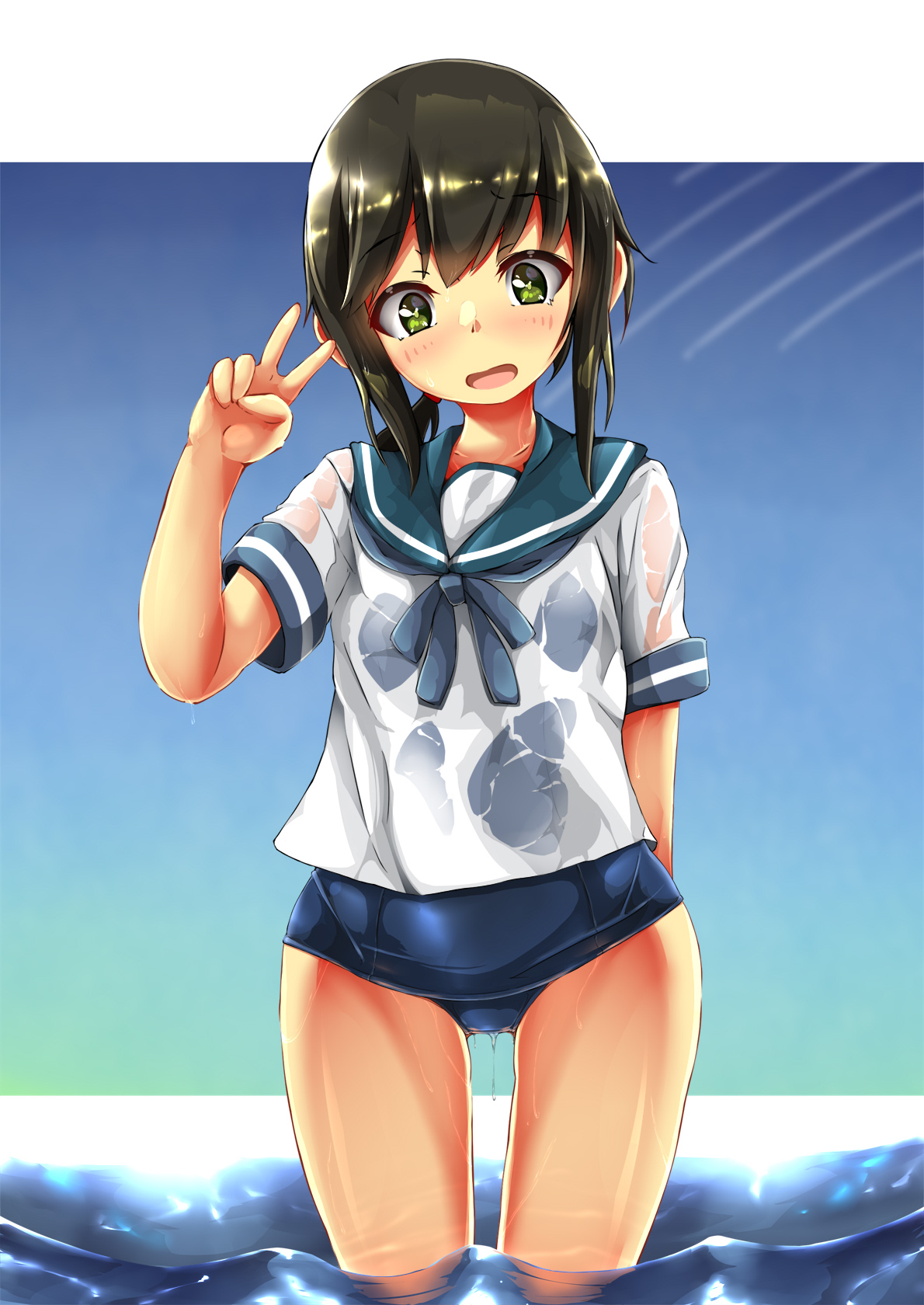 Anime 1190x1680 anime anime girls Kantai Collection Fubuki (KanColle) ponytail brunette solo artwork digital art fan art peace sign wet clothing water standing in water