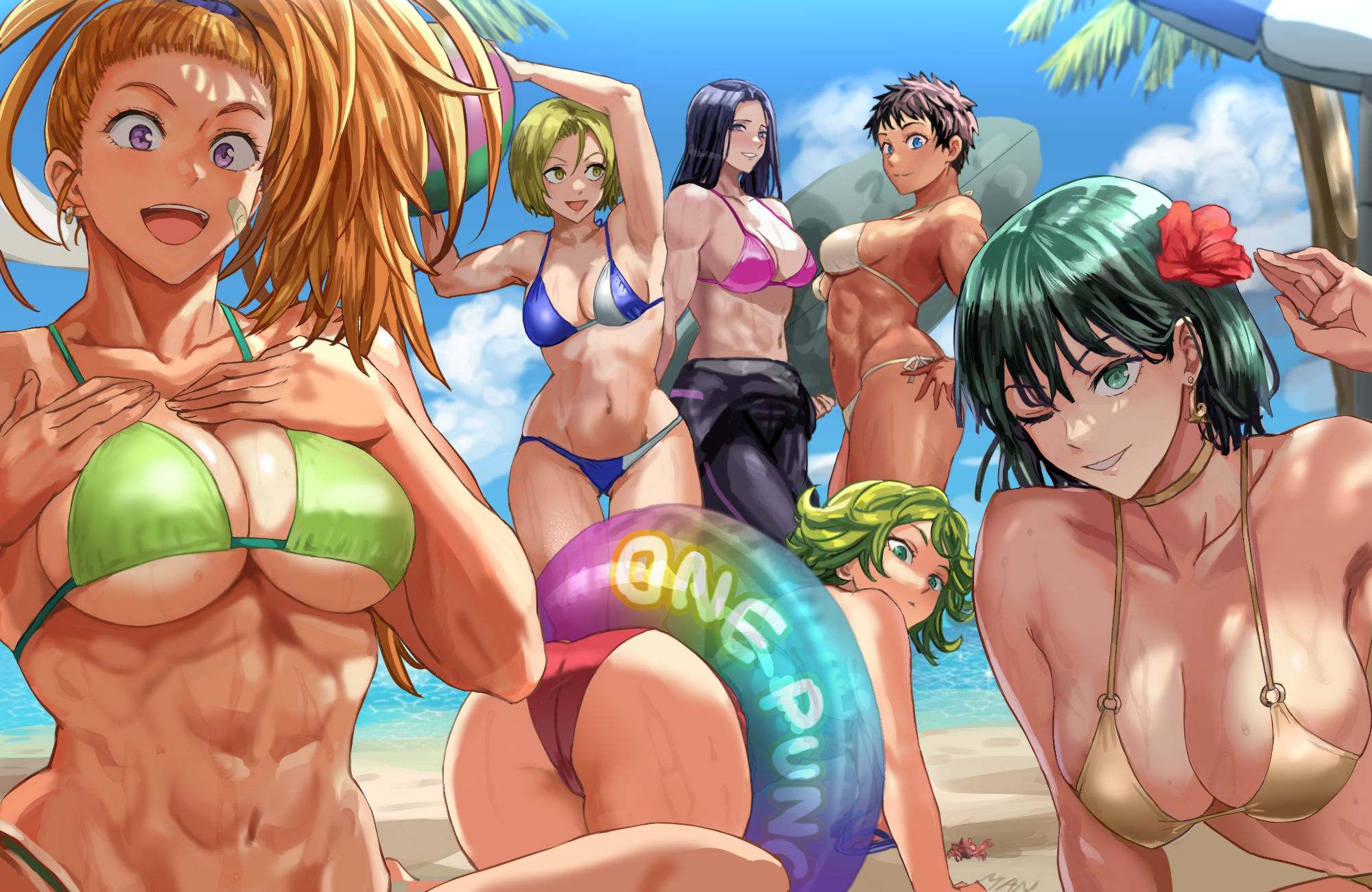 Anime 2000x1300 anime anime girls One-Punch Man Fubuki Captain Mizuki bent over ass floater bikini dark skin flower in hair big boobs palm trees Tatsumaki beach ball