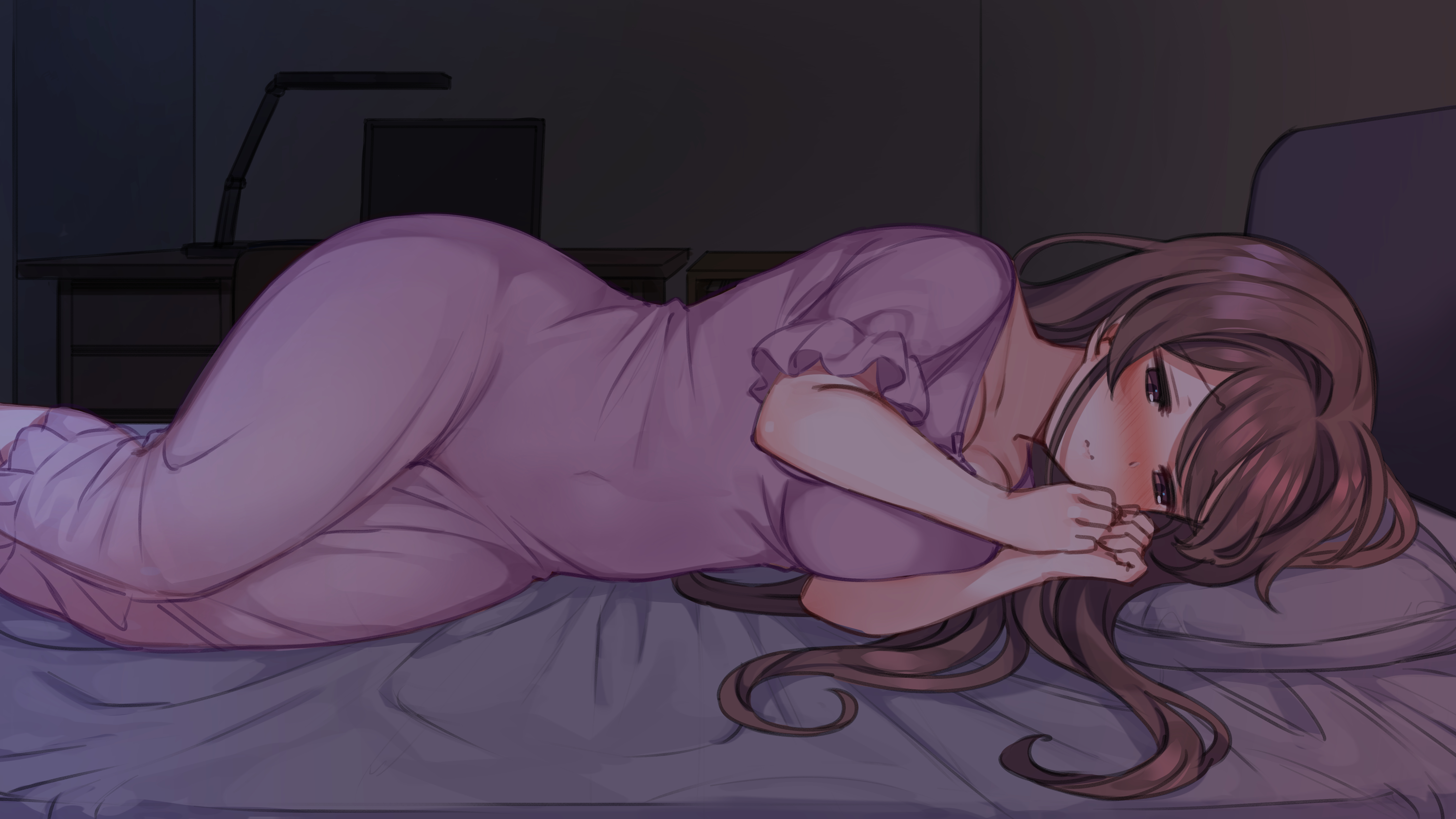 Anime 5760x3240 Mankai Kaika anime anime girls brunette long hair blushing brown eyes hips in bed lying on side pyjamas