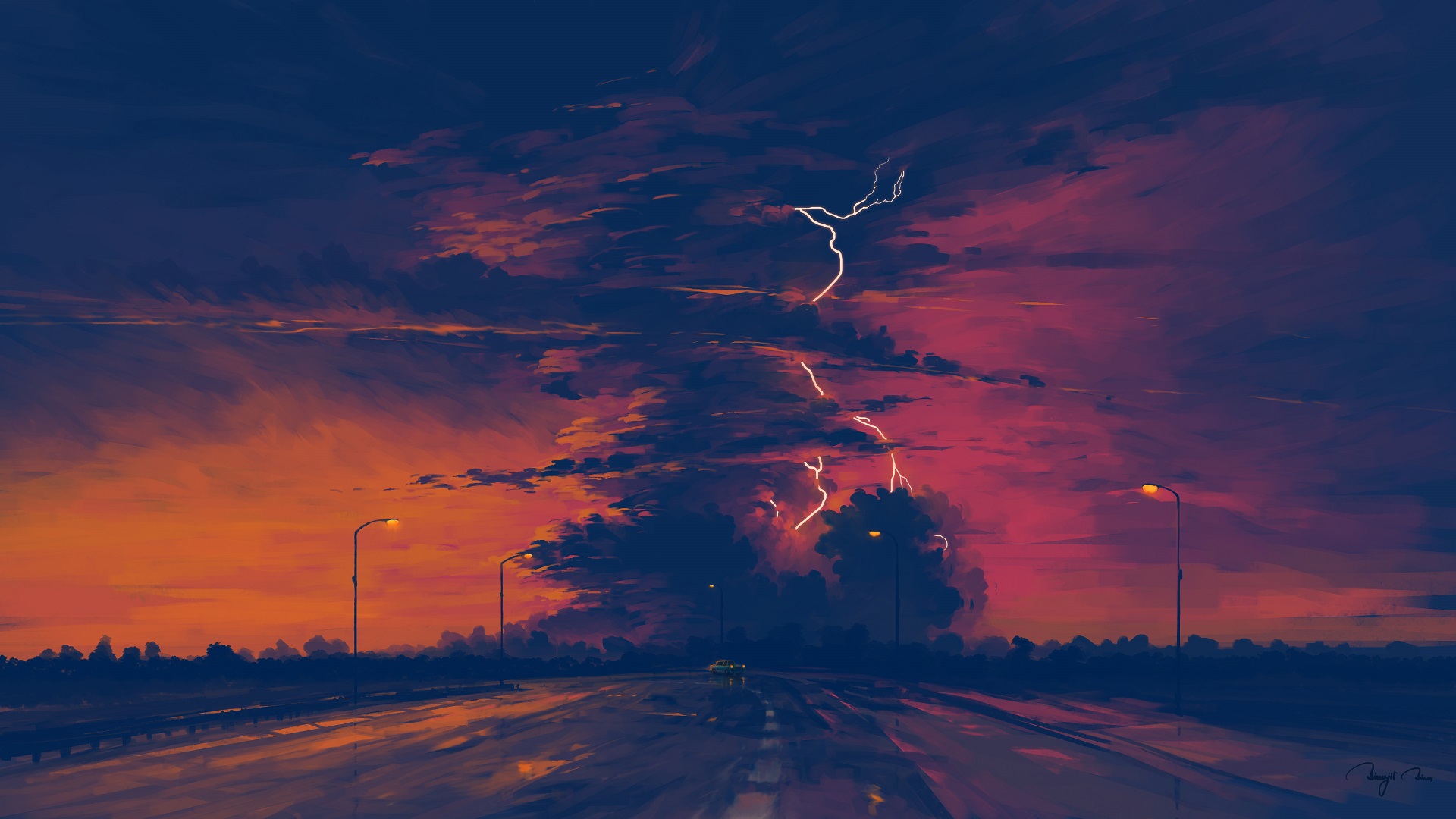 General 1920x1080 digital art sunset rain sky clouds BisBiswas