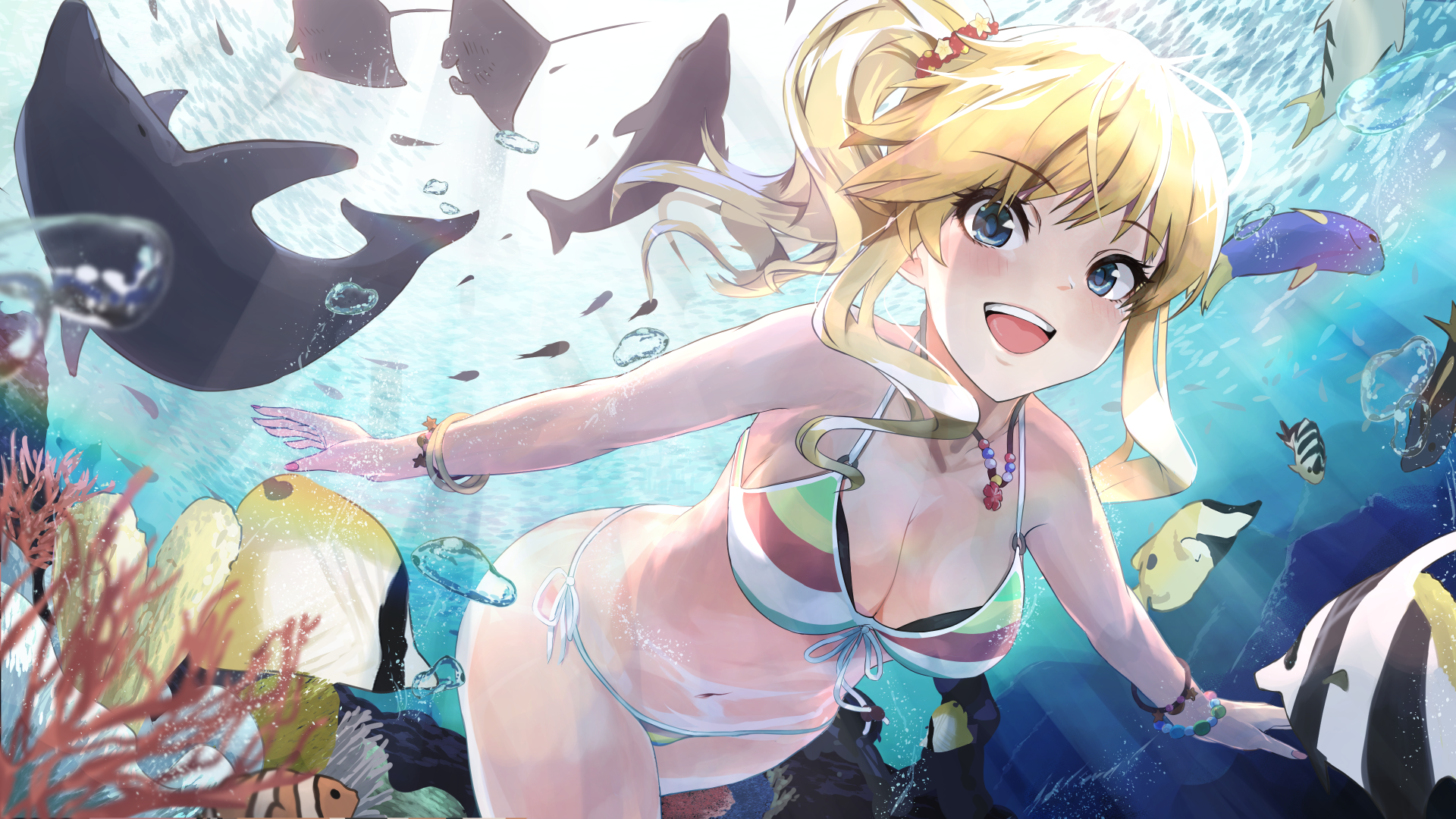 Anime 1920x1080 anime girls blonde underwater bikini big boobs Ootsuki Yui THE iDOLM@STER water blue eyes swimming cleavage looking at viewer fish bubbles smiling open mouth ponytail swimwear sunlight coral animals bracelets necklace