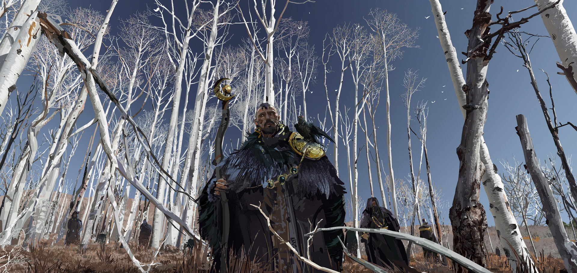 General 1920x910 Liang Mark digital art fantasy art trees birch forest staff crow druids crescent moon orb aspen trees