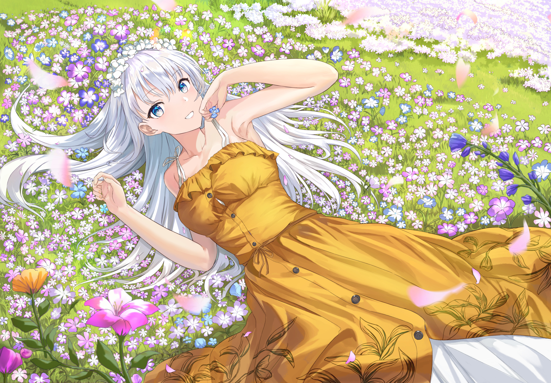 Anime 1764x1225 anime anime girls white hair flowers dress lying on back blue eyes smiling artwork MOSTA Ask