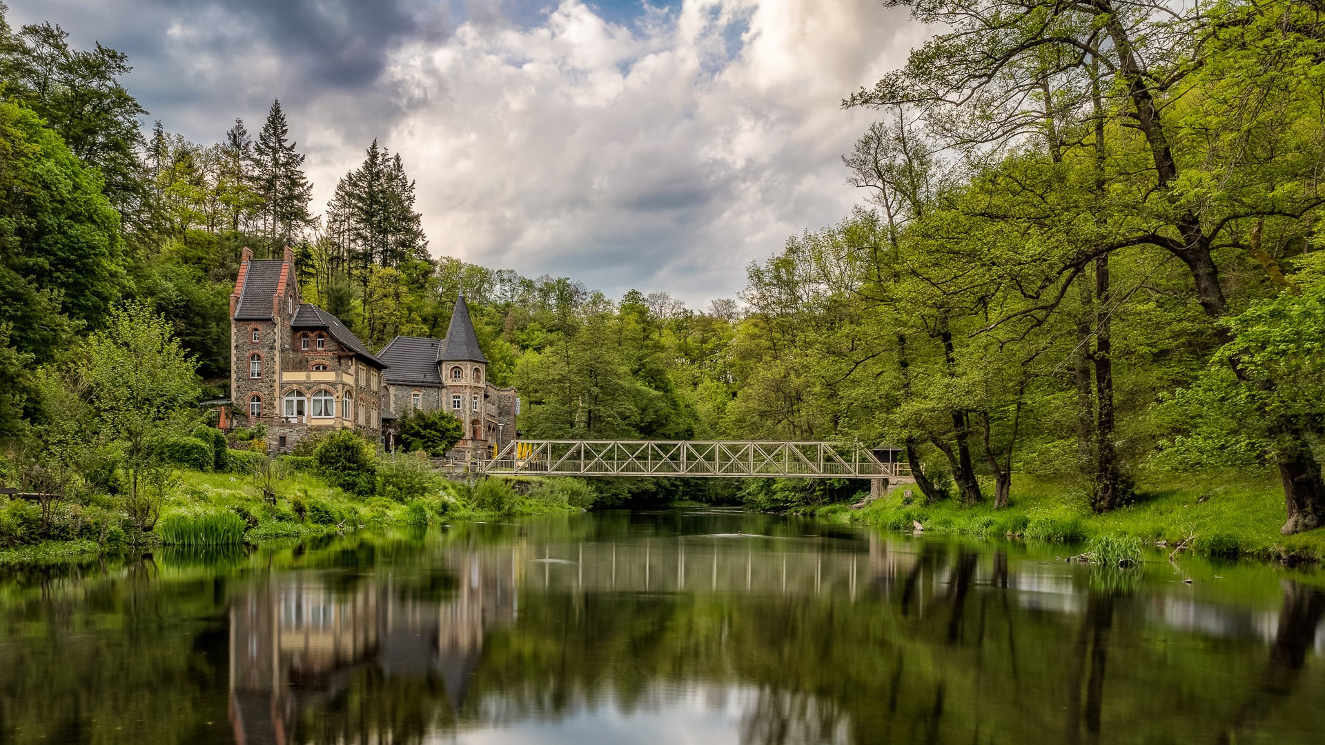 General 1920x1080 nature landscape trees lake bridge mansions reflection forest clouds Saxony Germany