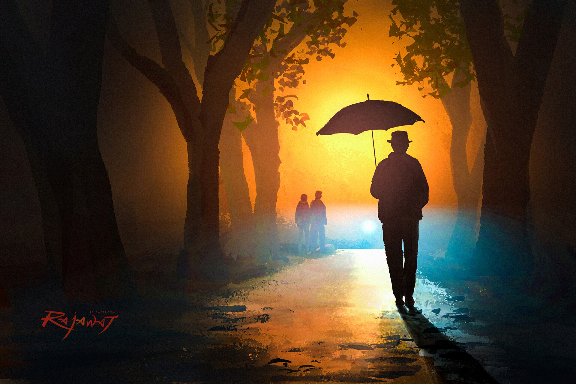 General 1920x1280 digital painting night umbrella men trees Surendra Rajawat silhouette digital art watermarked