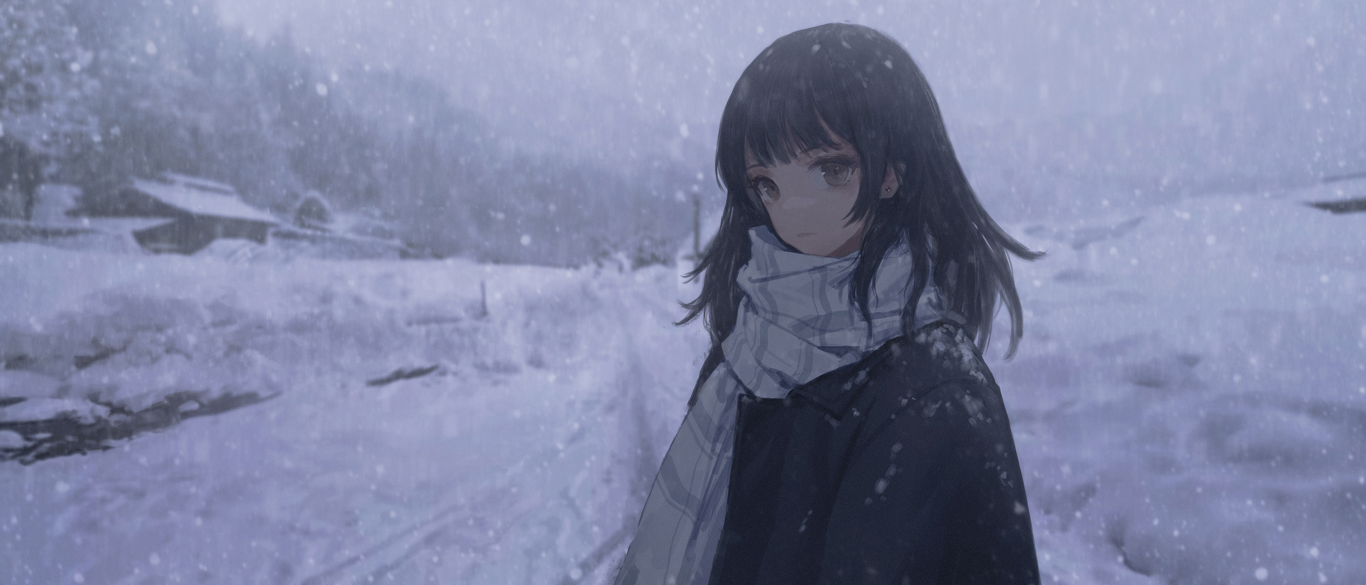 Anime 2800x1200 anime girls snow anime winter cold dark hair women outdoors Pixiv standing long hair