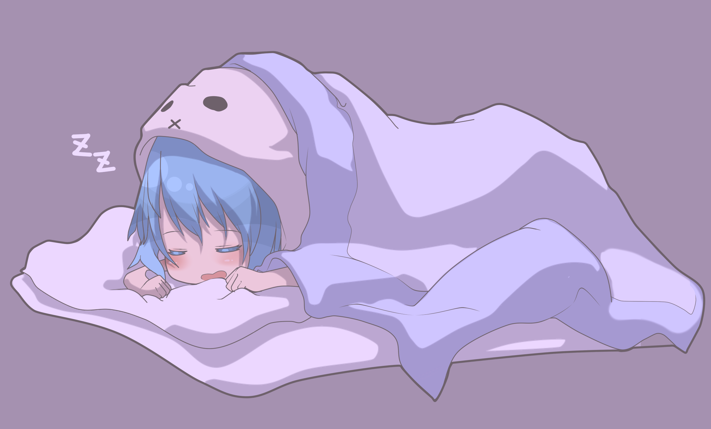 Anime 2320x1400 sleeping pyjamas sheets blue hair