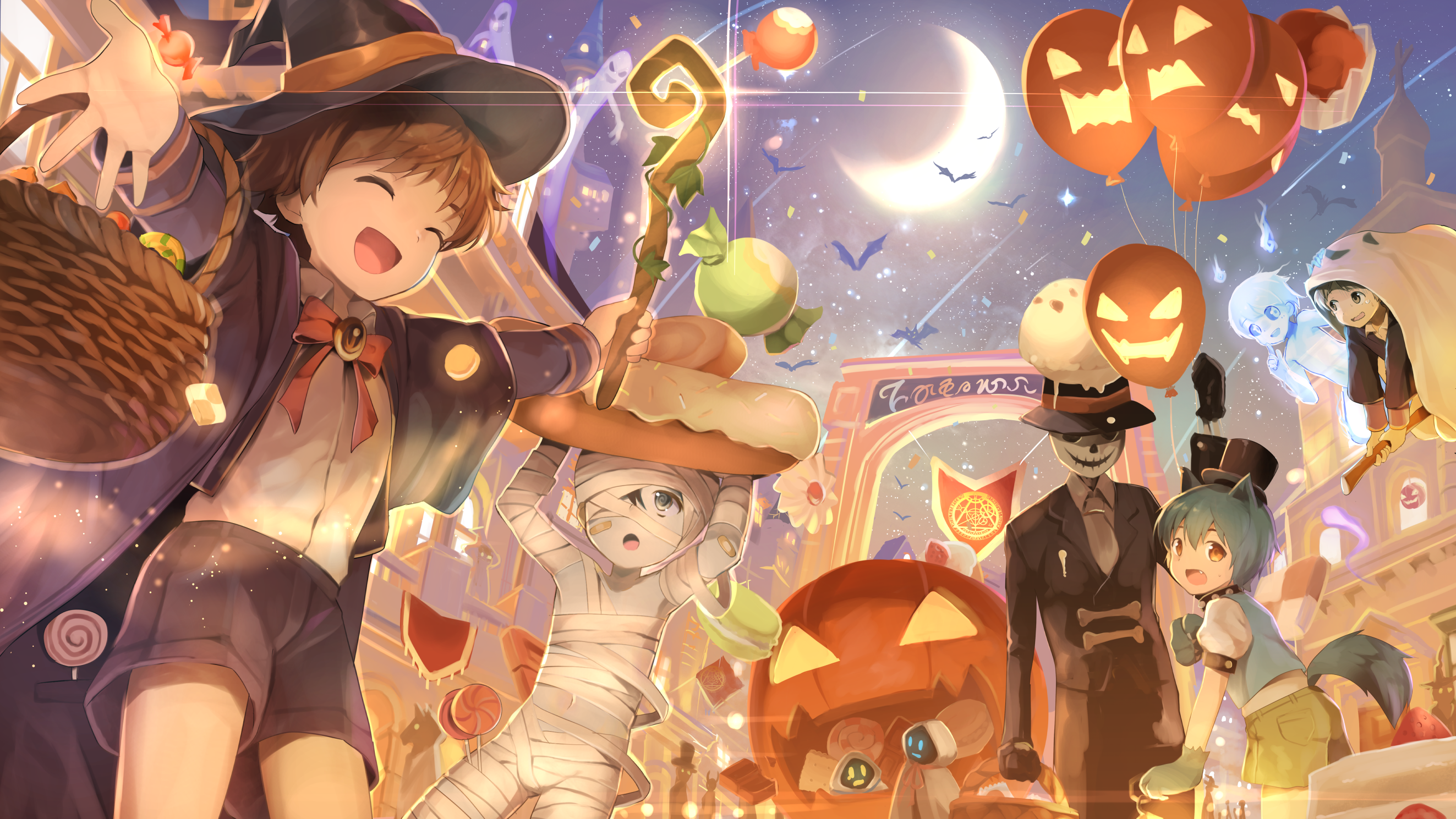 Anime 2646x1489 Halloween candy ghost bats mummy pumpkin balloon cat boy witch night Jack O' Lantern