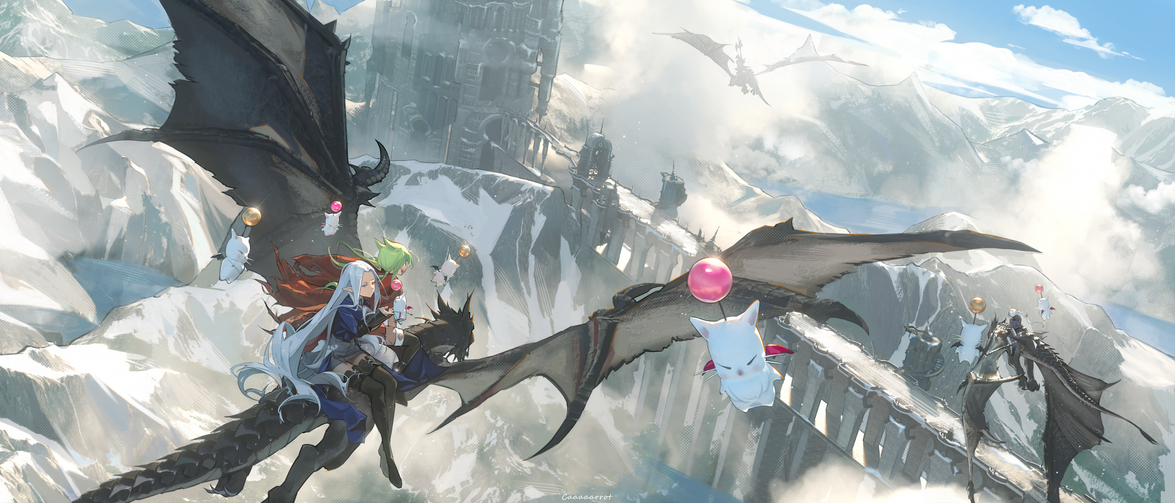 Anime 4000x1713 dragon clouds Final Fantasy XIV: Heavensward Moogle flying video game characters video game girls Final Fantasy Caaaaarrot