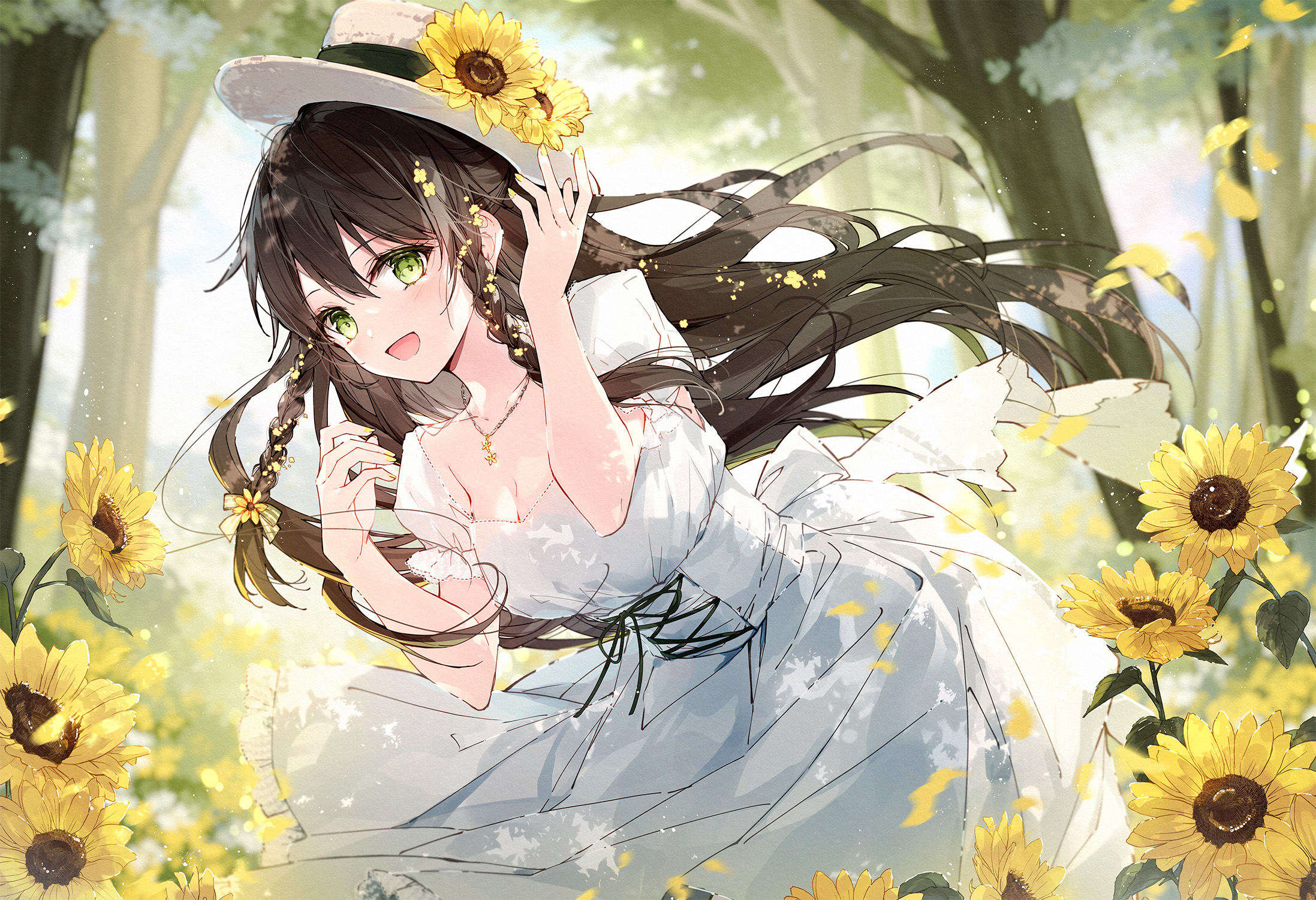 Anime 2195x1502 anime anime girls hat green eyes brunette dress sunflowers