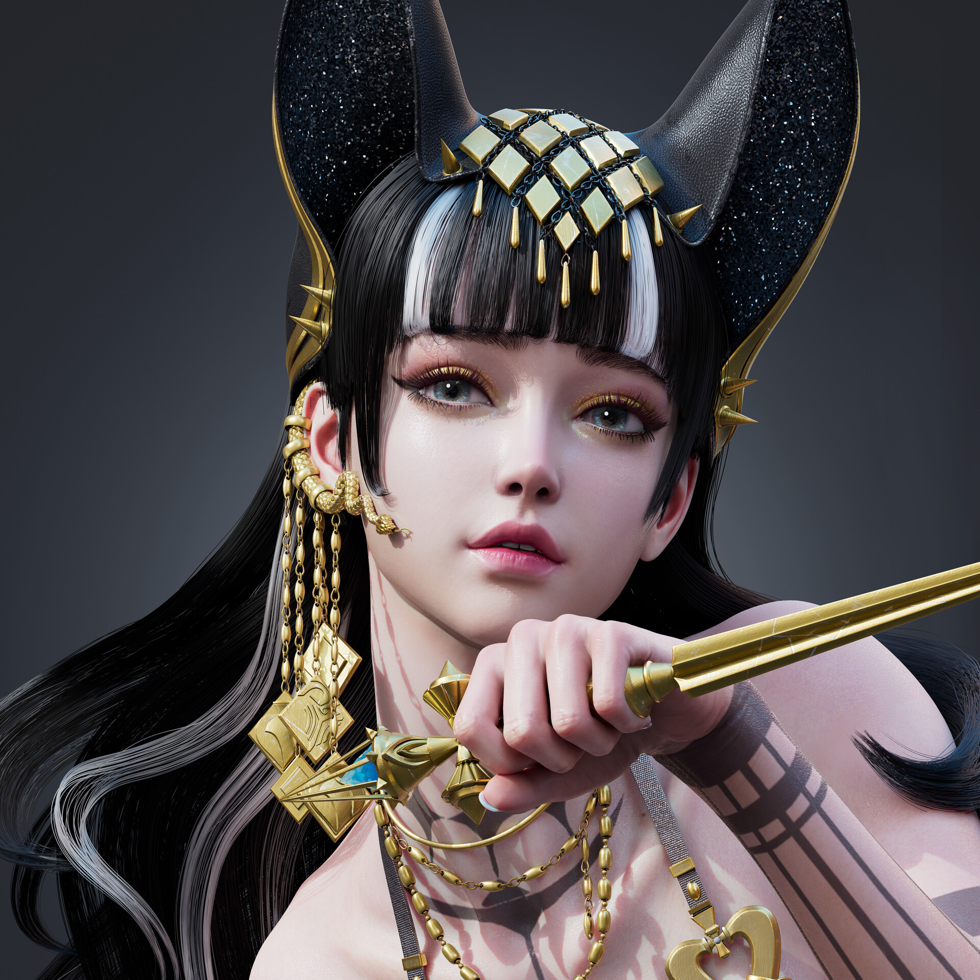 General 1920x1920 Tangqiuqiu CGI women dark hair long hair bangs jewelry hair accessories glamour gold weapon dagger simple background