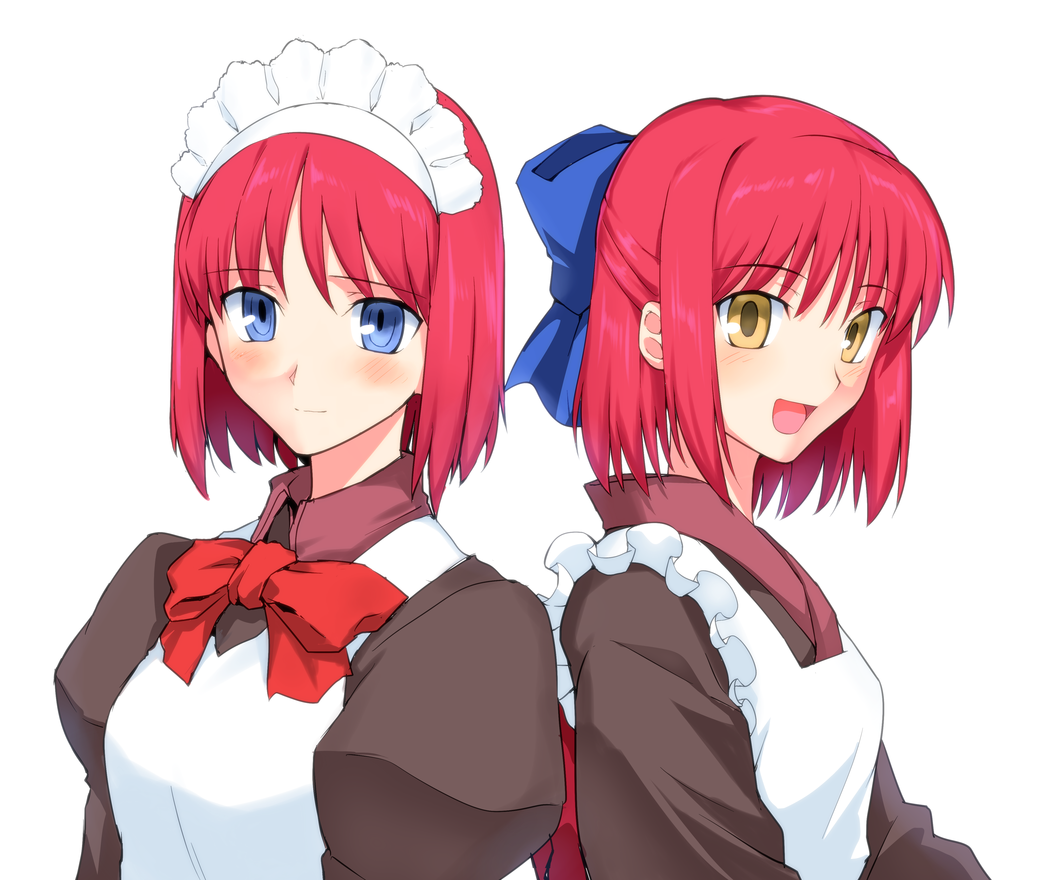 Anime 4261x3541 anime anime girls Tsukihime Kohaku (Tsukihime) Hisui (Tsukihime) short hair twins two women artwork digital art fan art redhead maid maid outfit