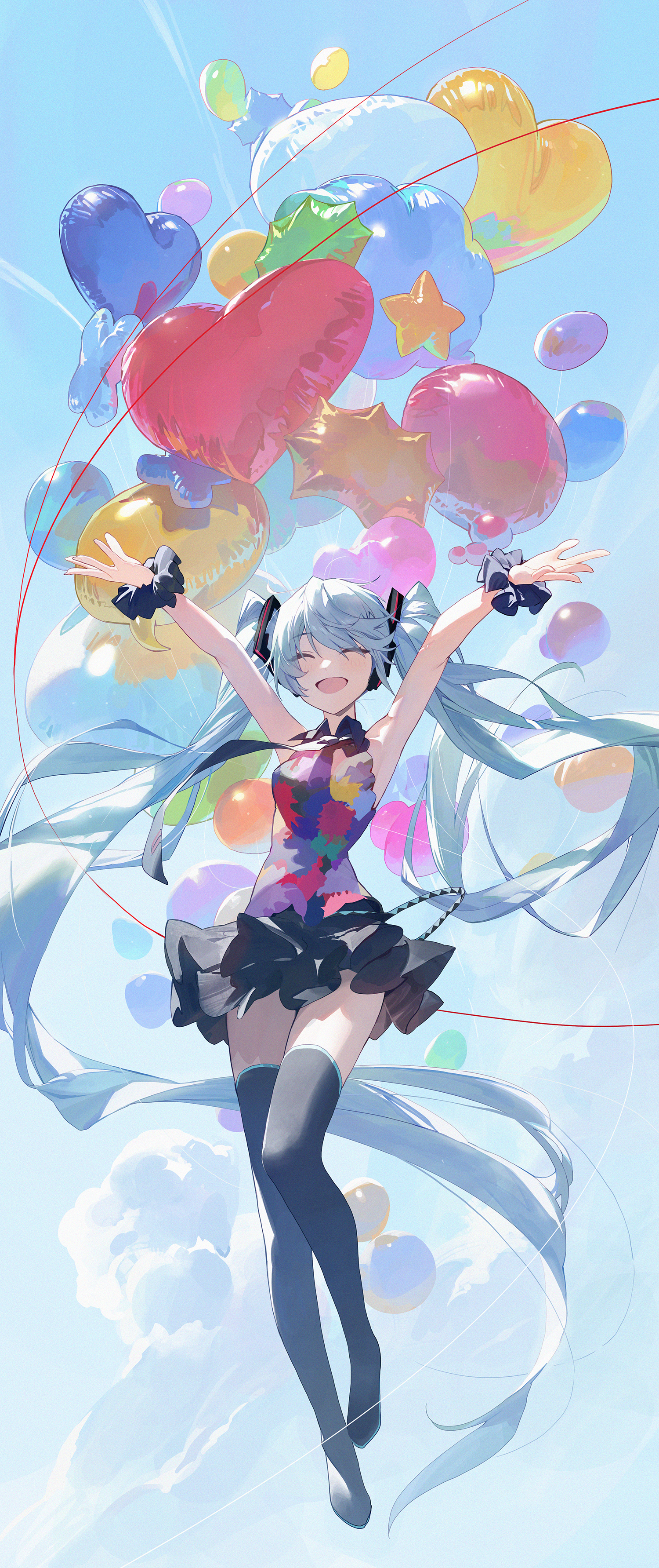 Anime 1500x3566 Hatsune Miku Vocaloid anime girls balloon Mossi (artist) arms up closed eyes