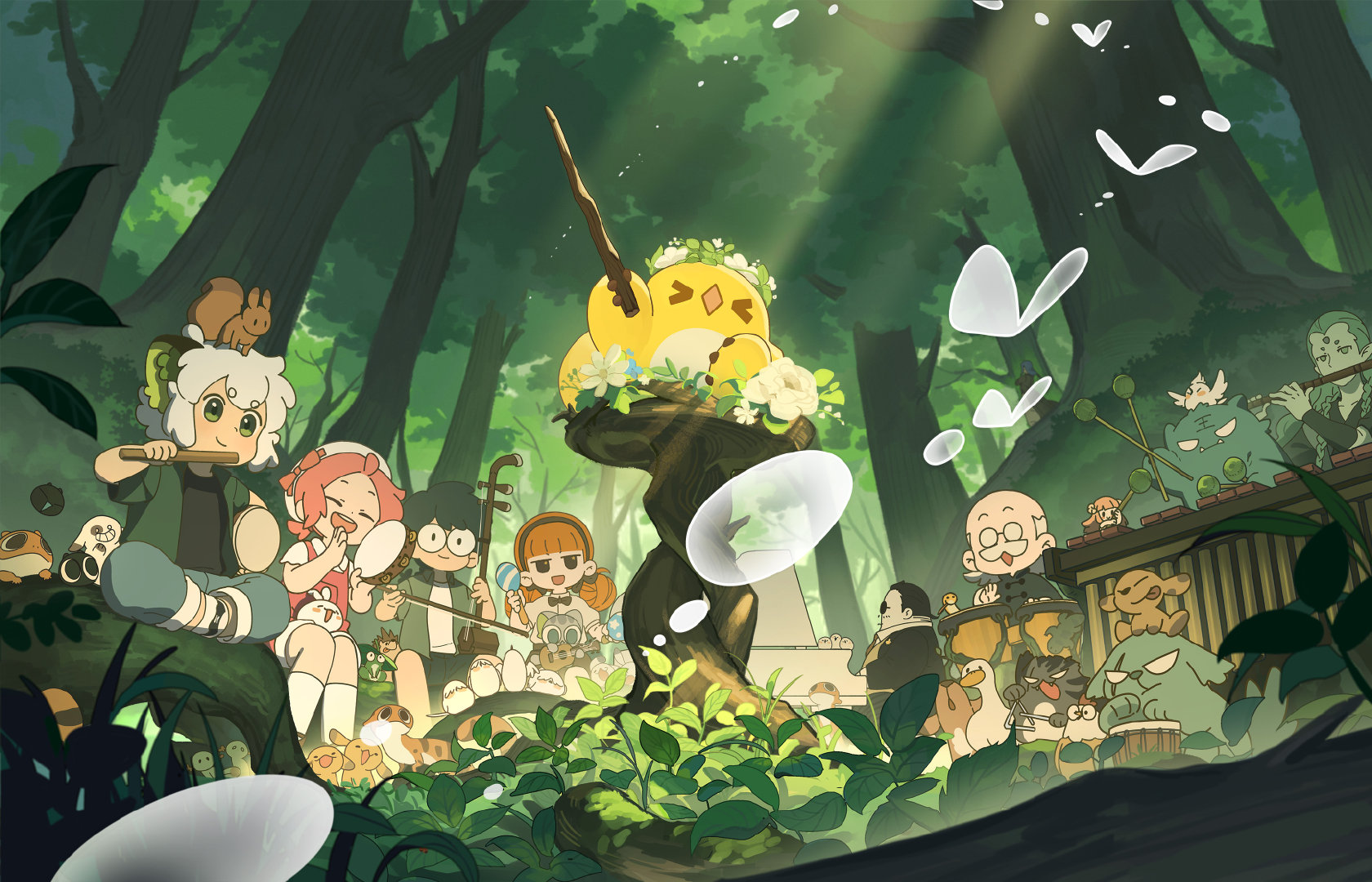 Anime 1680x1080 artwork anime boys forest animals The Legend of Luo Xiaohei Luo Xiaohei anime girls sunlight branch sitting trees bangs women outdoors outdoors men outdoors leaves musical instrument flowers
