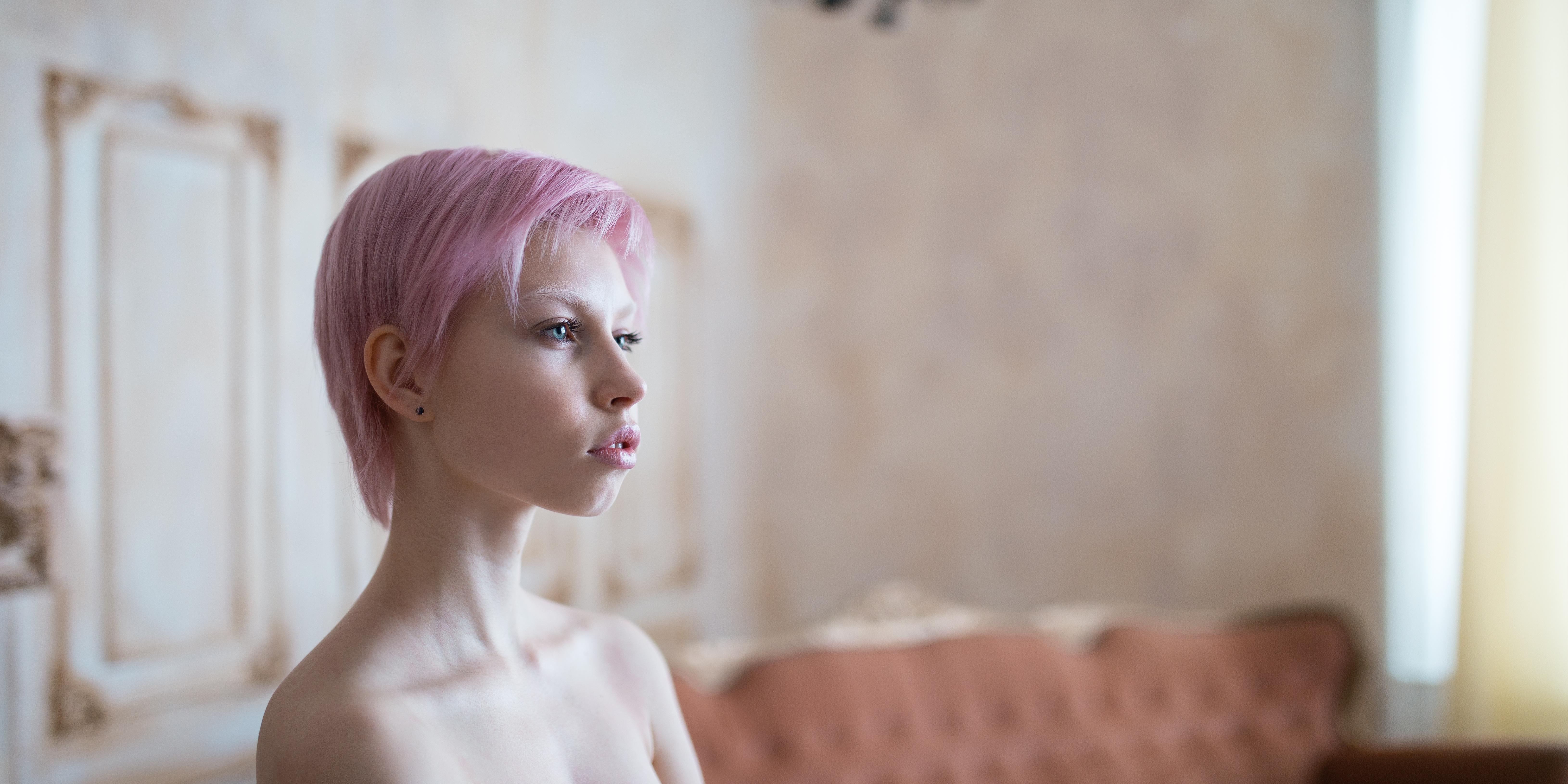 People 6518x3259 women Maxim Gustarev pink hair women indoors portrait depth of field face blue eyes pink lipstick pierced ear bare shoulders